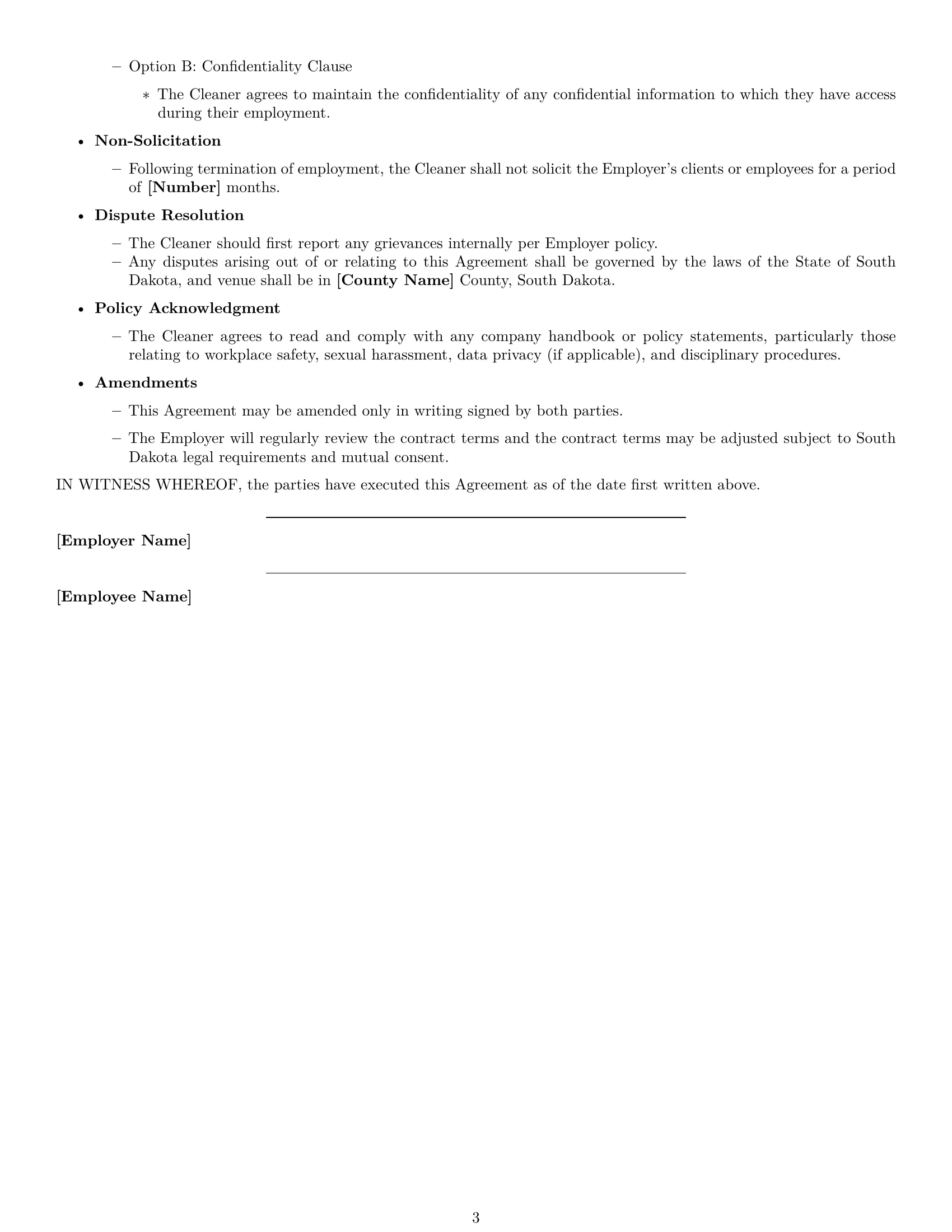 Preview page 3 of Free South Dakota cleaner employment contract template