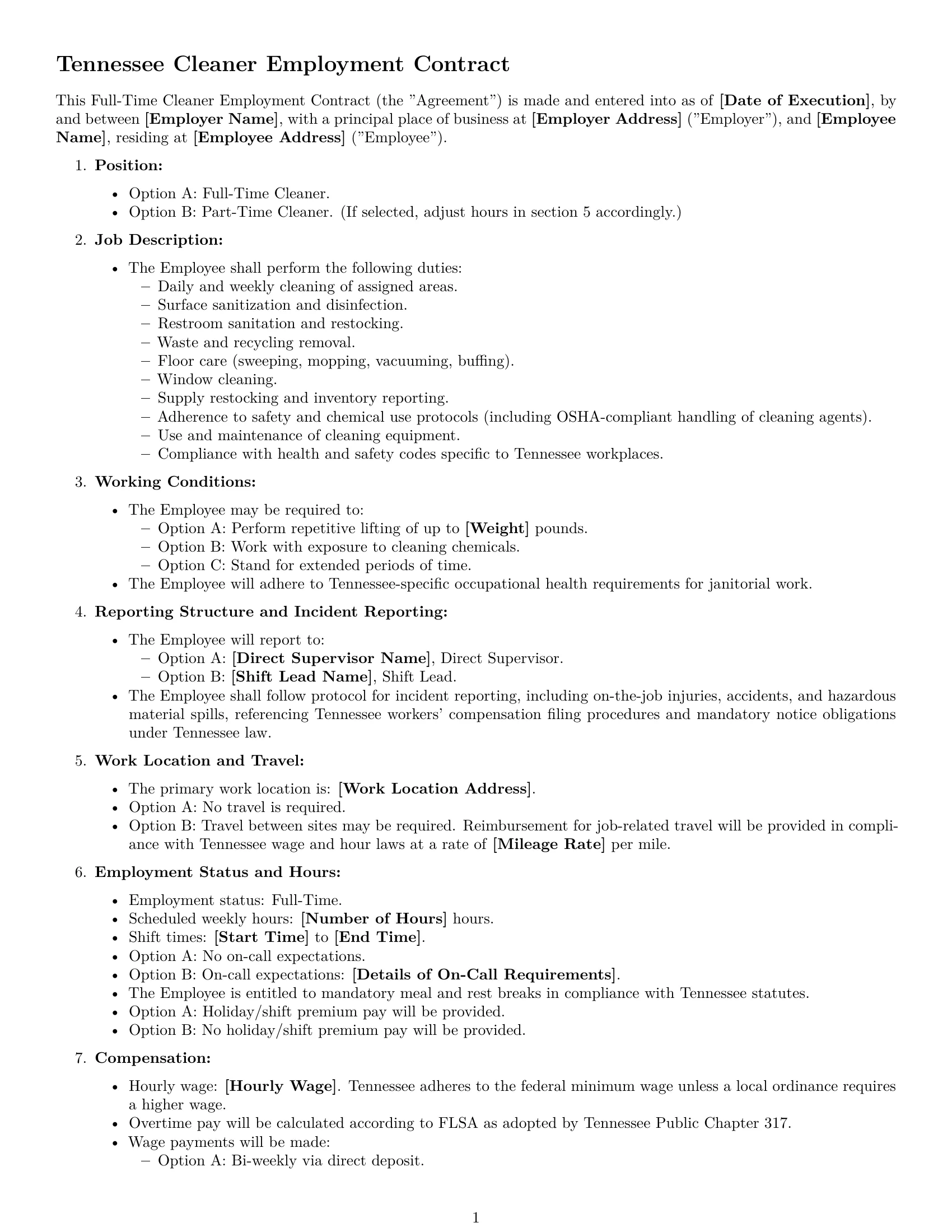 Preview page 1 of Free Tennessee cleaner employment contract template