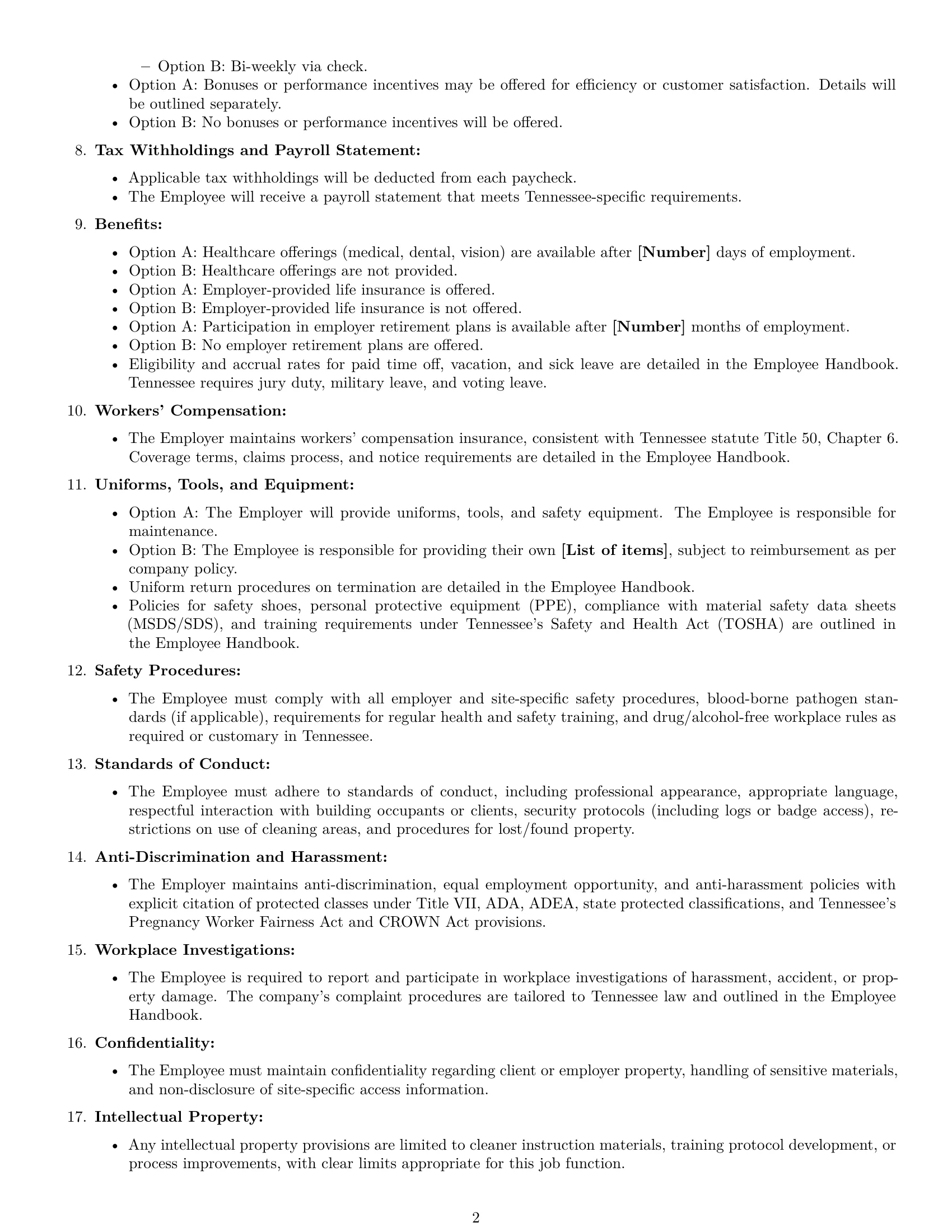 Preview page 2 of Free Tennessee cleaner employment contract template