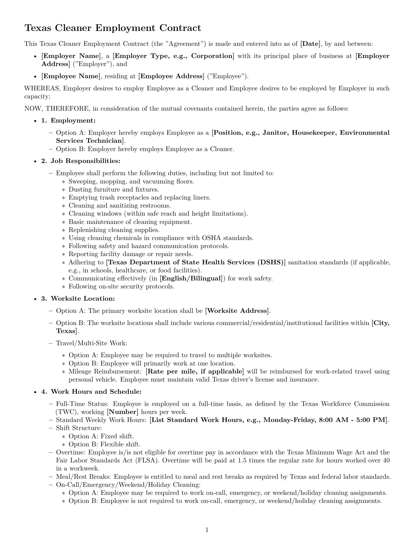 Preview page 1 of Free Texas cleaner employment contract template