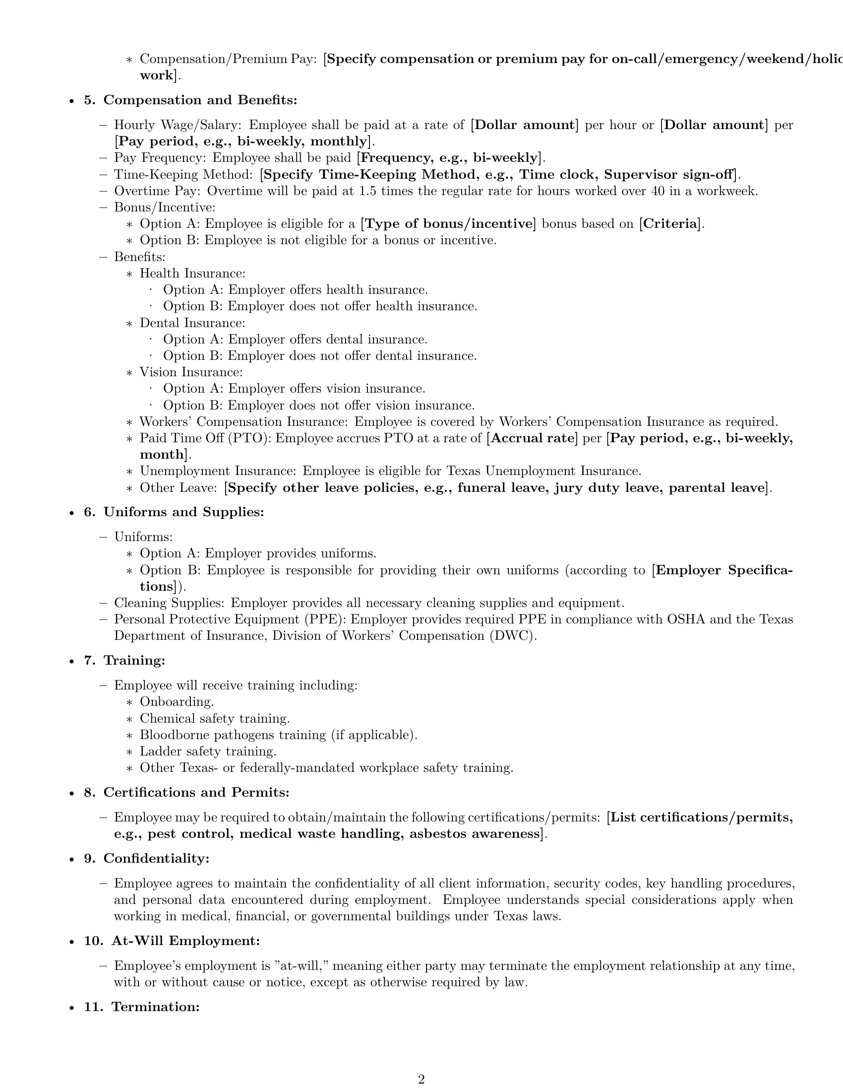 Preview page 2 of Free Texas cleaner employment contract template