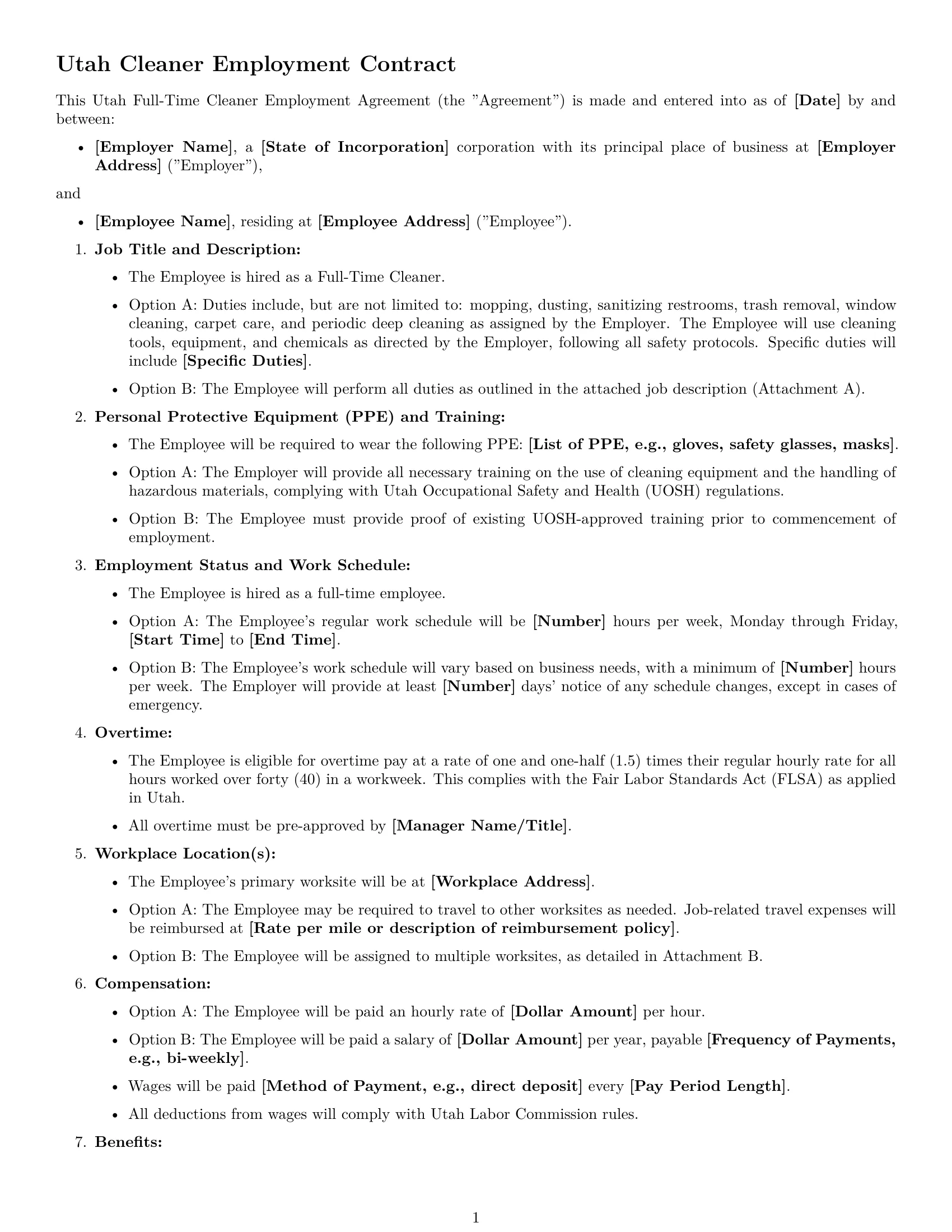 Preview page 1 of Free Utah cleaner employment contract template