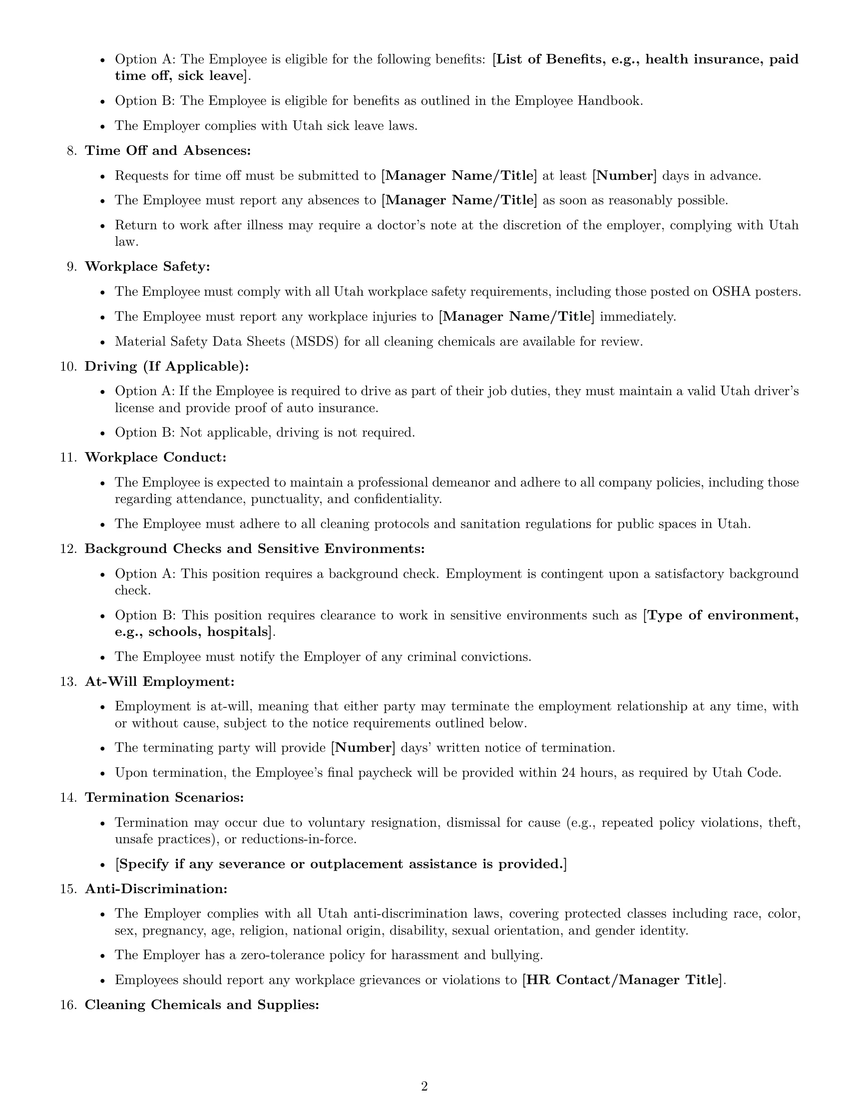 Preview page 2 of Free Utah cleaner employment contract template