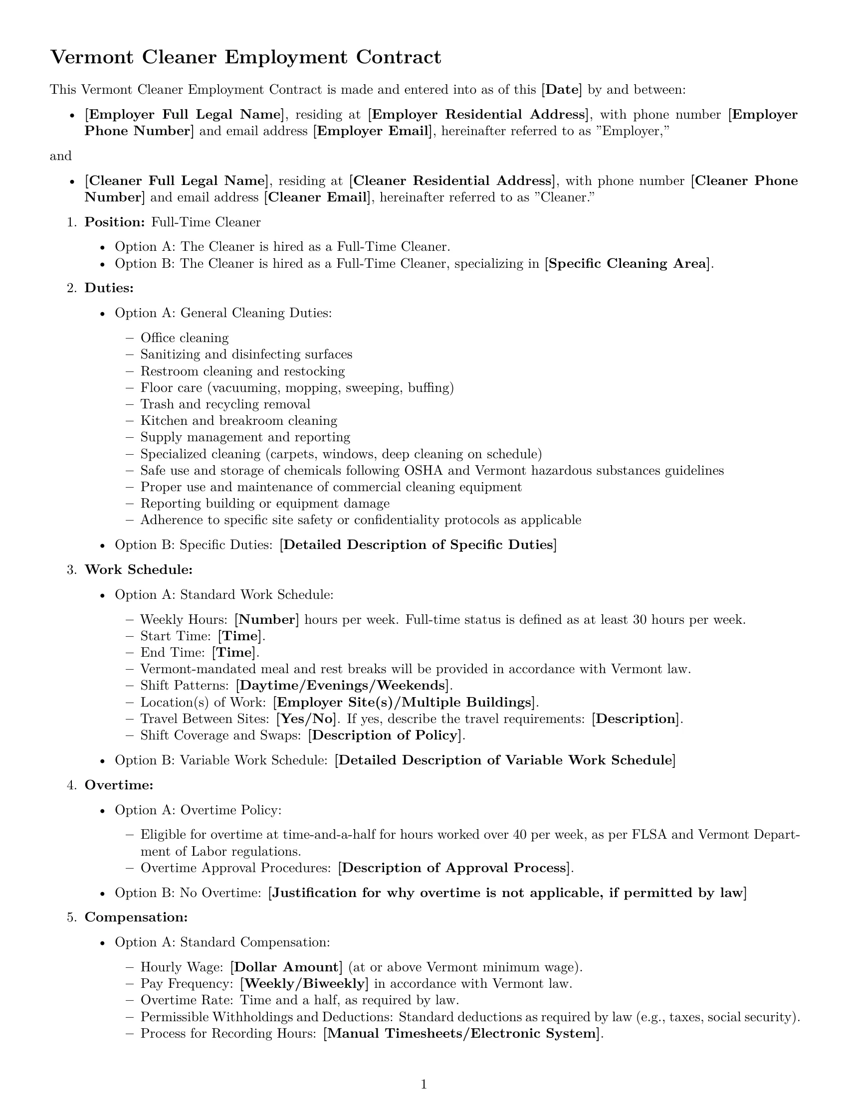 Preview page 1 of Free Vermont cleaner employment contract template