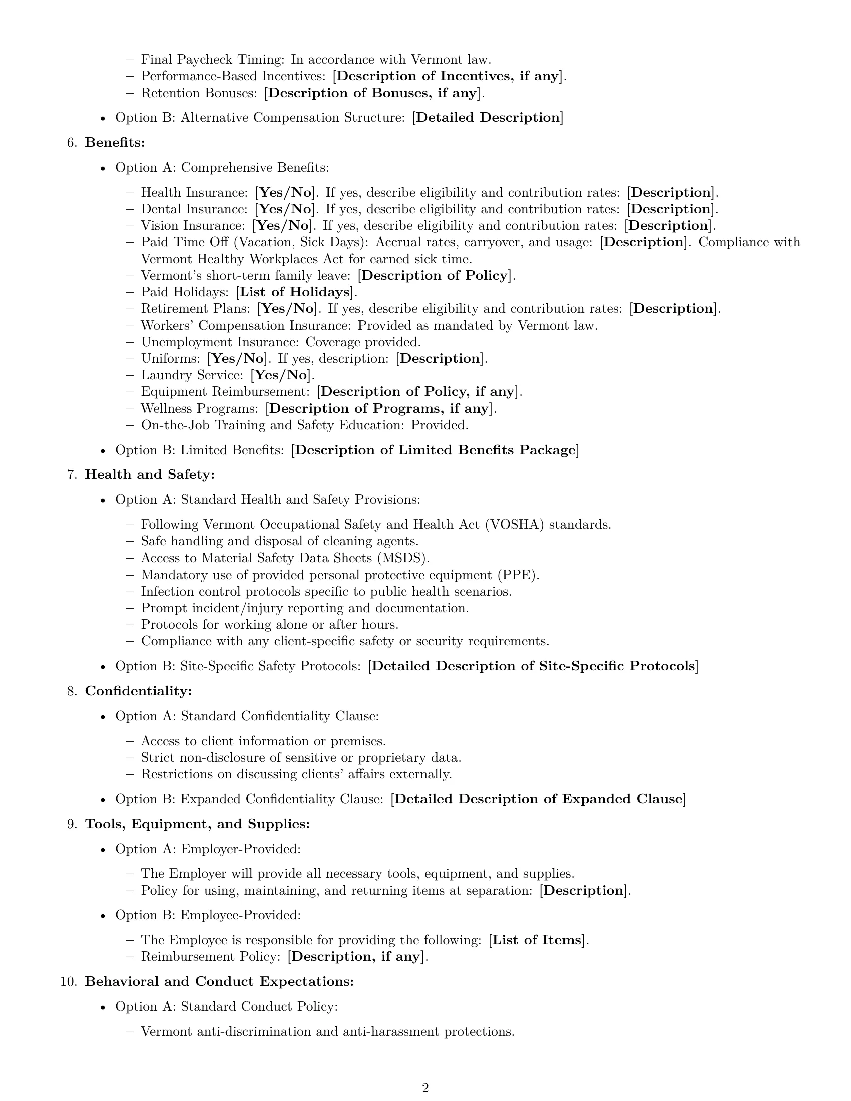 Preview page 2 of Free Vermont cleaner employment contract template