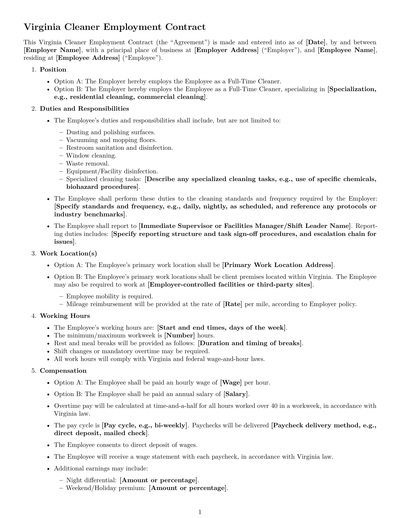 Preview page 1 of Free Virginia cleaner employment contract template