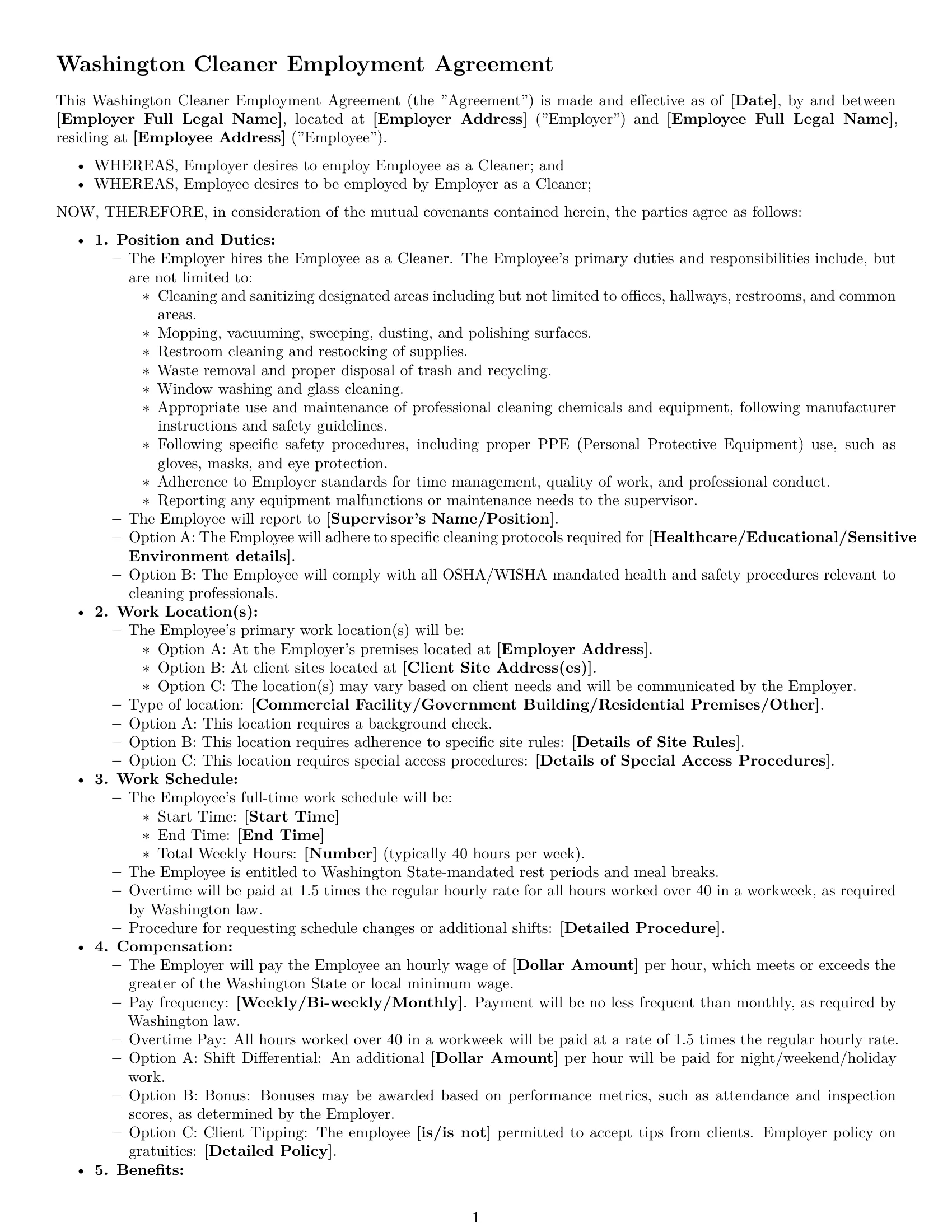 Preview page 1 of Free Washington cleaner employment contract template