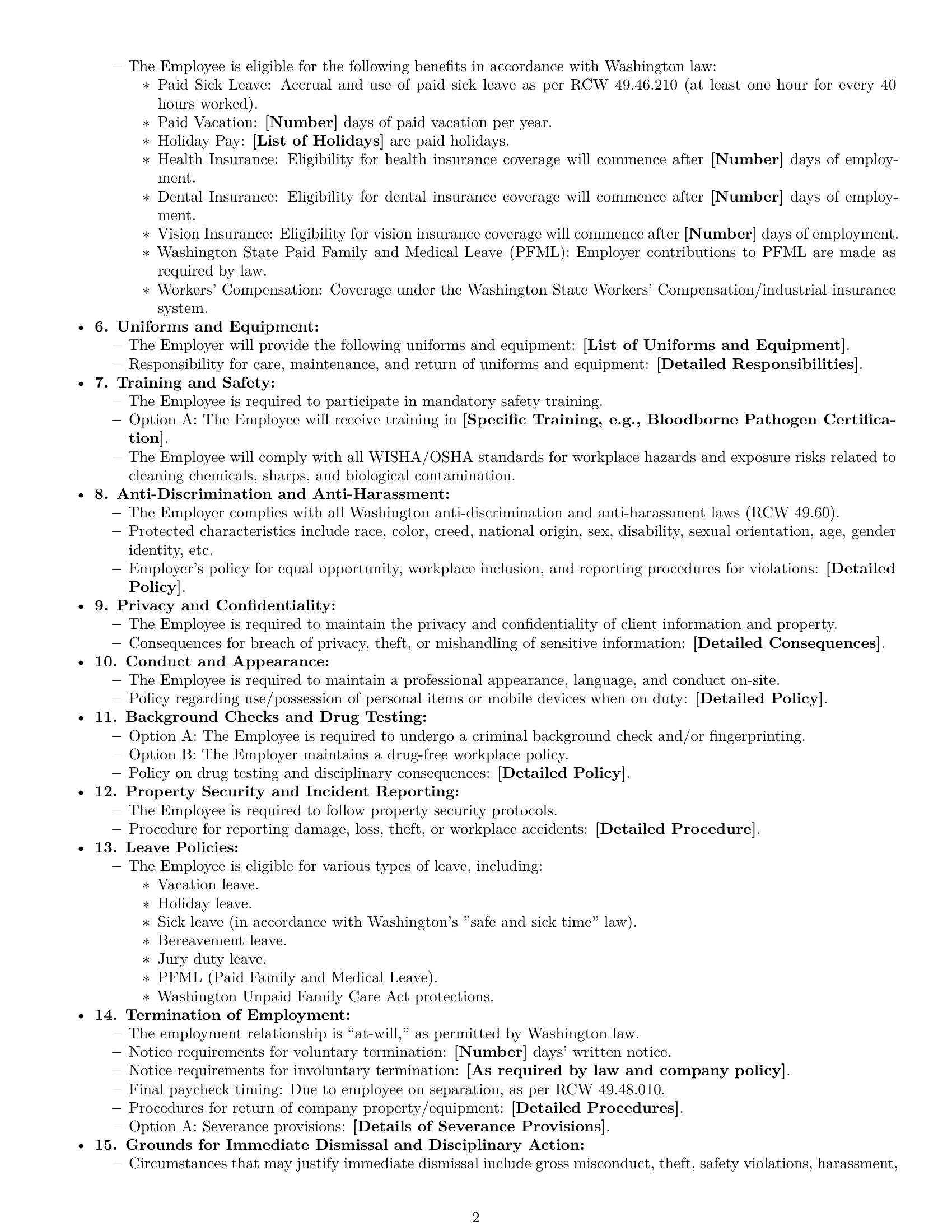 Preview page 2 of Free Washington cleaner employment contract template
