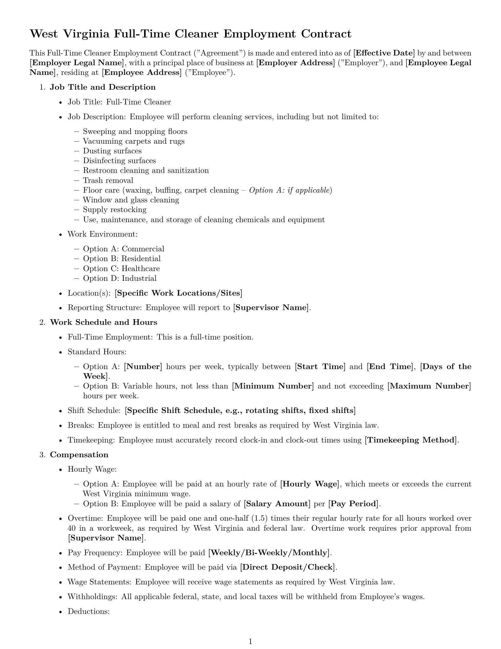 Preview page 1 of Free West Virginia cleaner employment contract template