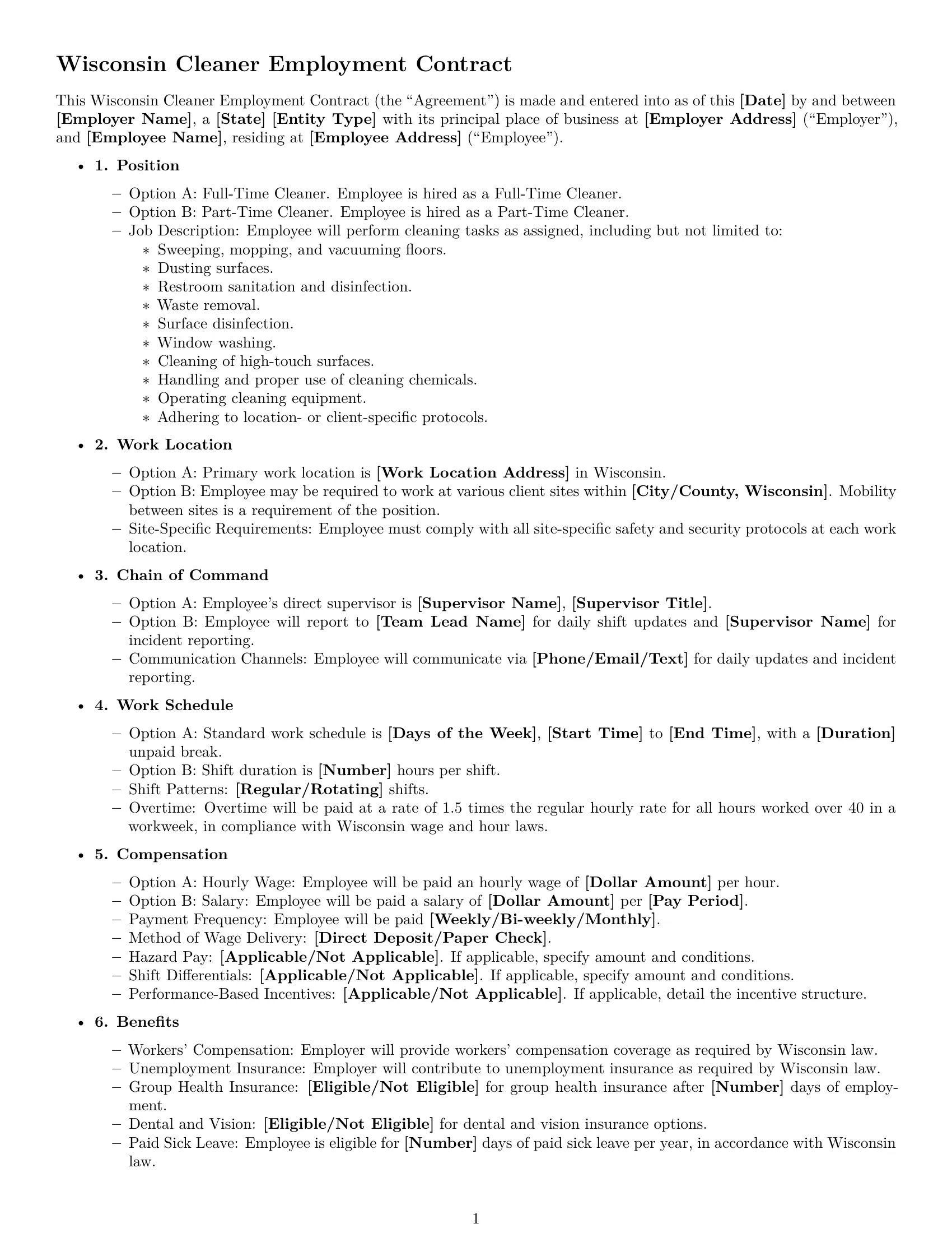 Preview page 1 of Free Wisconsin cleaner employment contract template