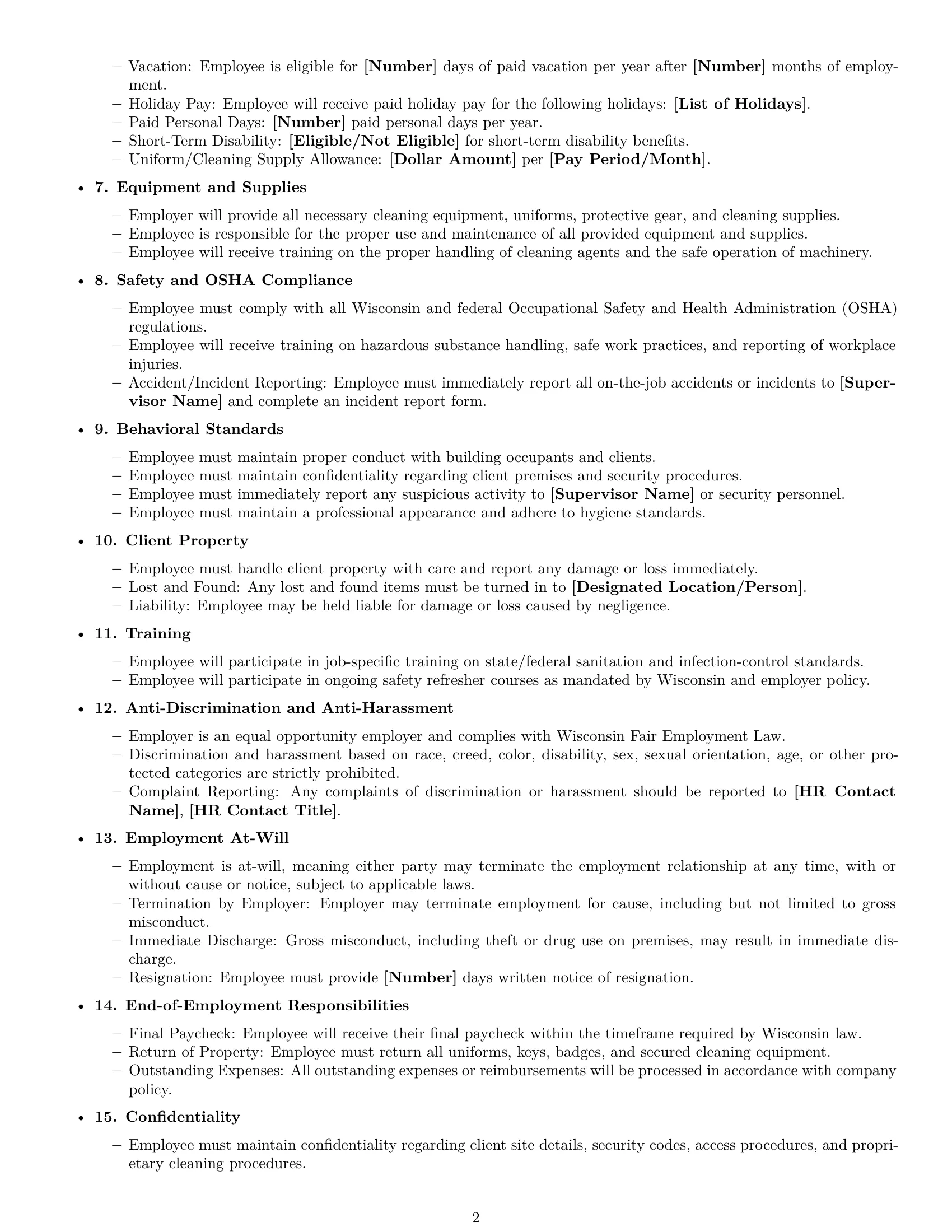 Preview page 2 of Free Wisconsin cleaner employment contract template