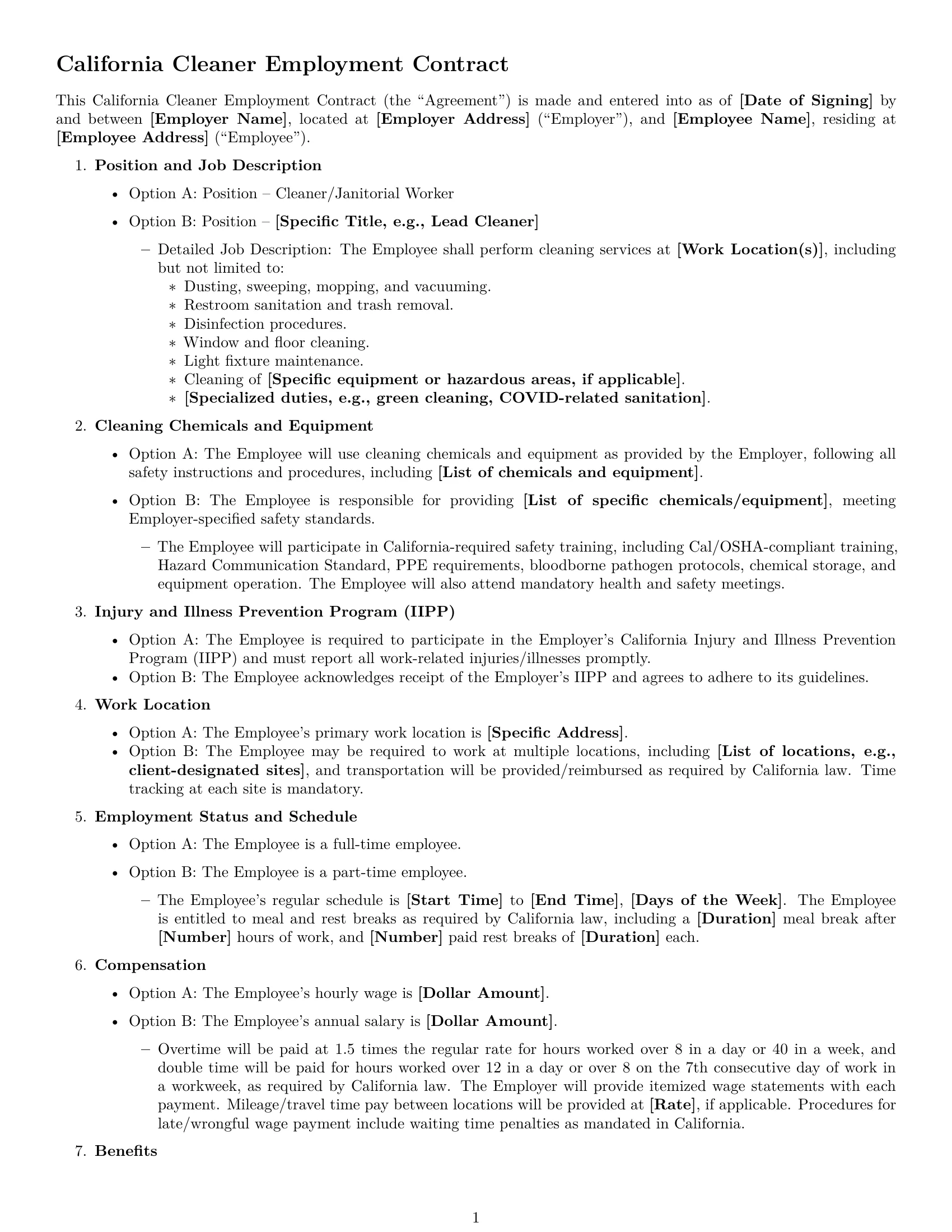 Preview page 1 of Free California cleaner employment contract template