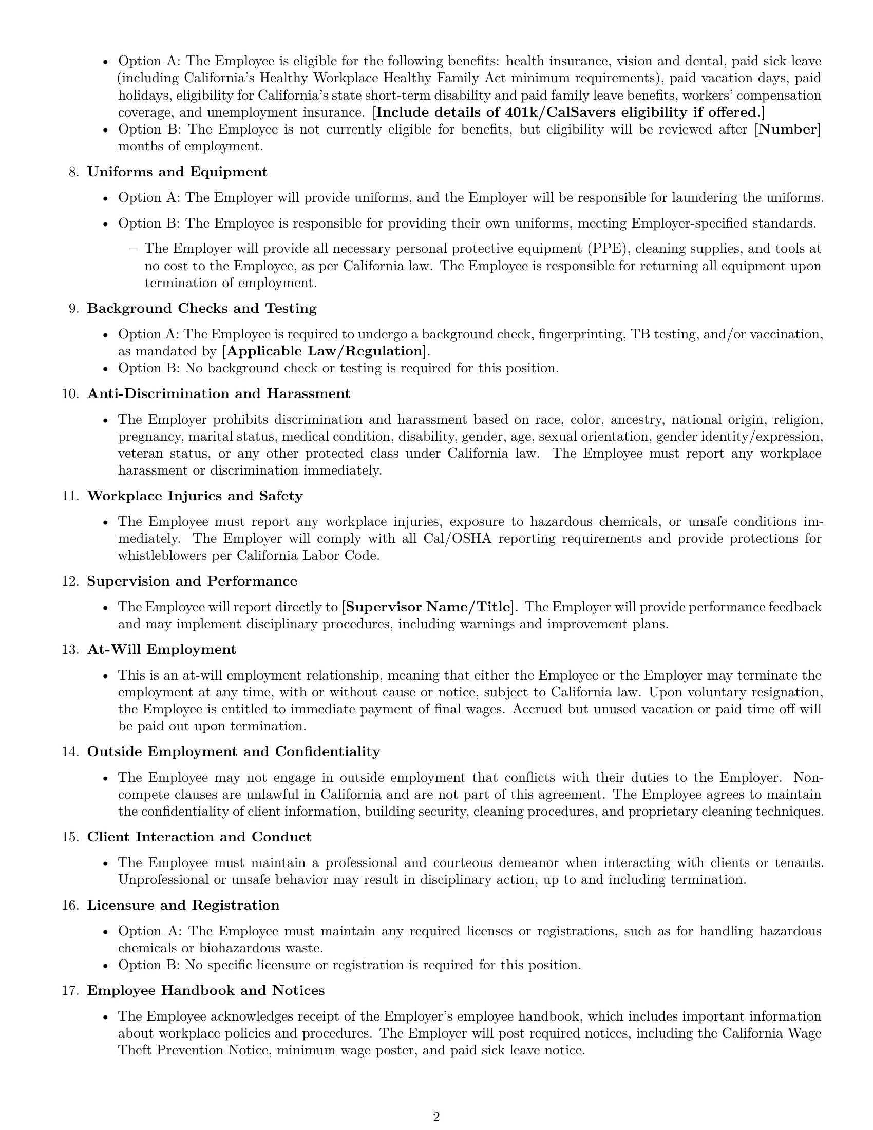 Preview page 2 of Free California cleaner employment contract template