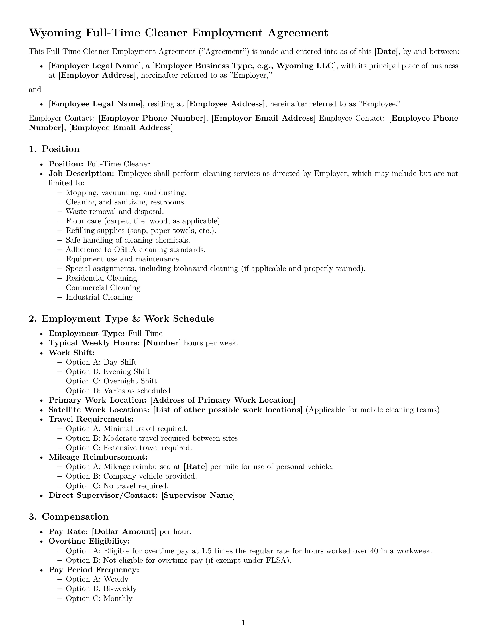 Preview page 1 of Free Wyoming cleaner employment contract template