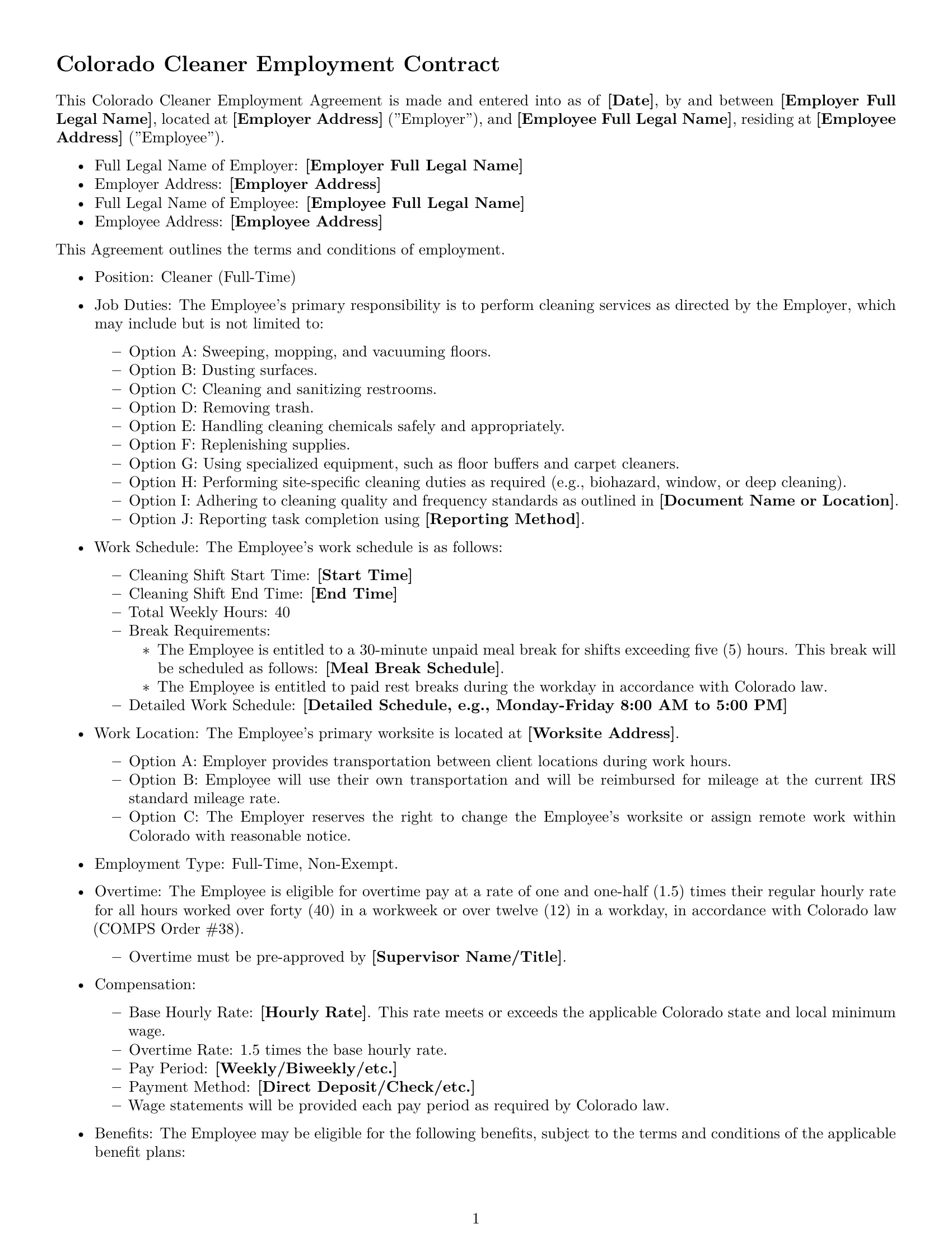 Preview page 1 of Free Colorado cleaner employment contract template
