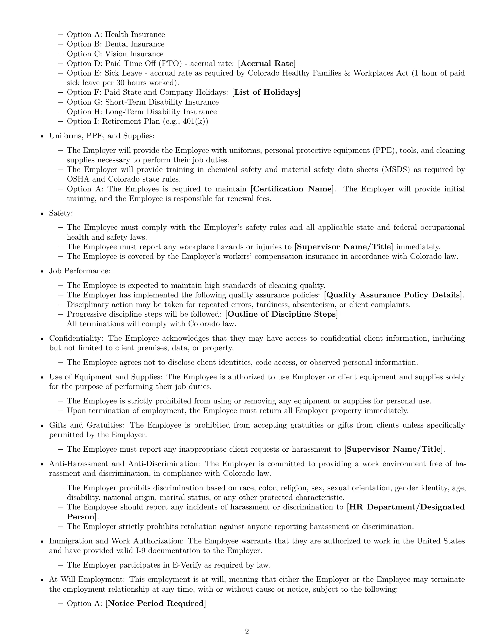 Preview page 2 of Free Colorado cleaner employment contract template