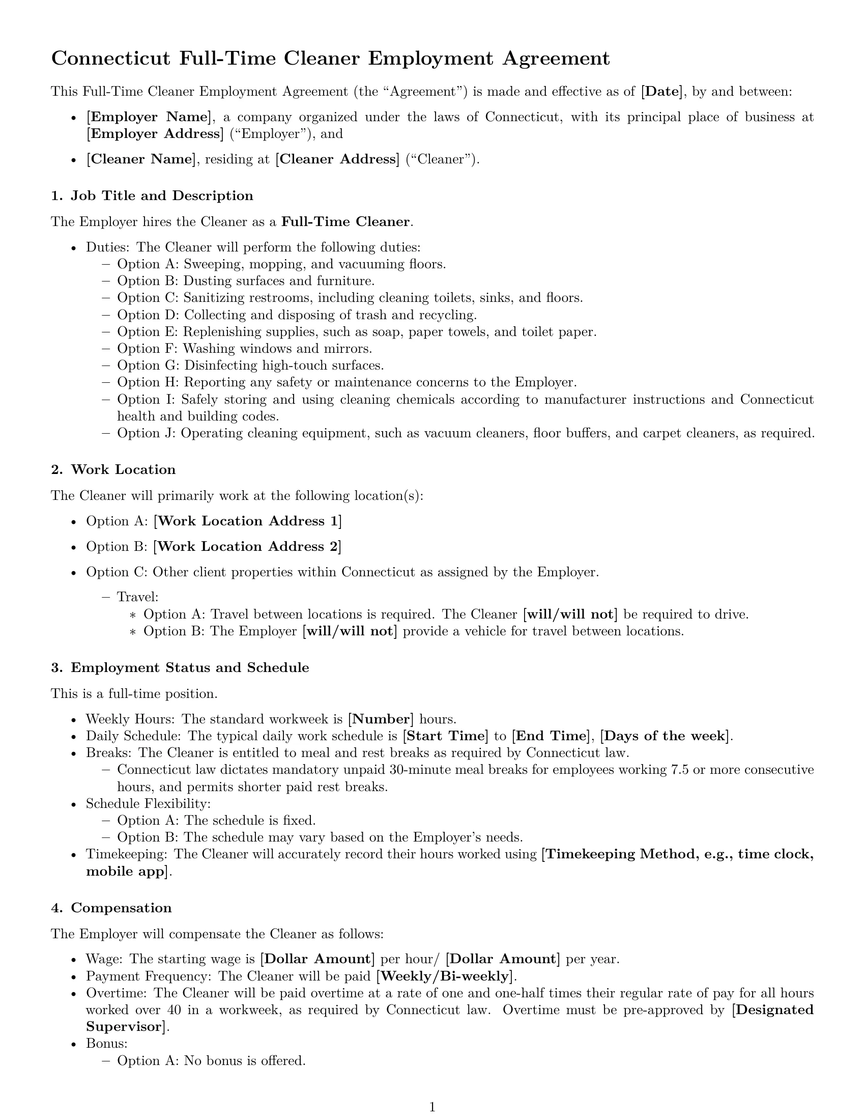 Preview page 1 of Free Connecticut cleaner employment contract template