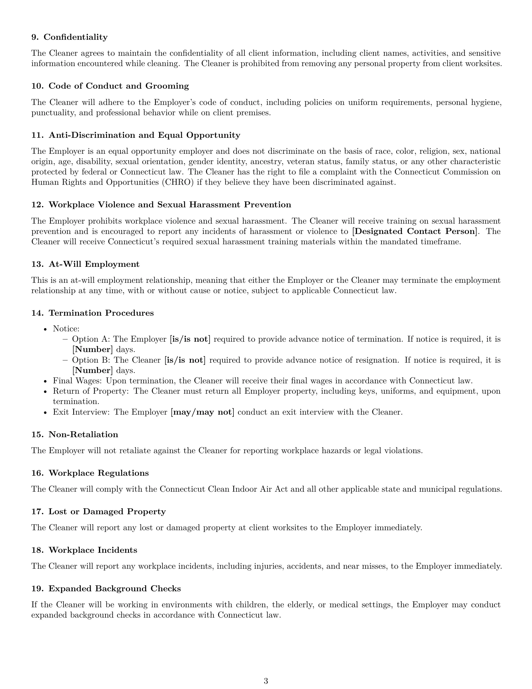 Preview page 3 of Free Connecticut cleaner employment contract template