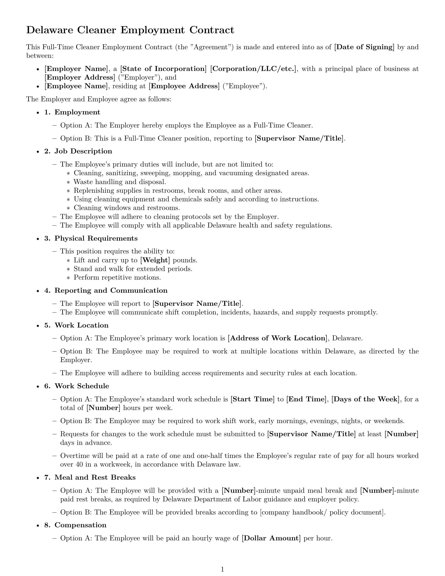 Preview page 1 of Free Delaware cleaner employment contract template