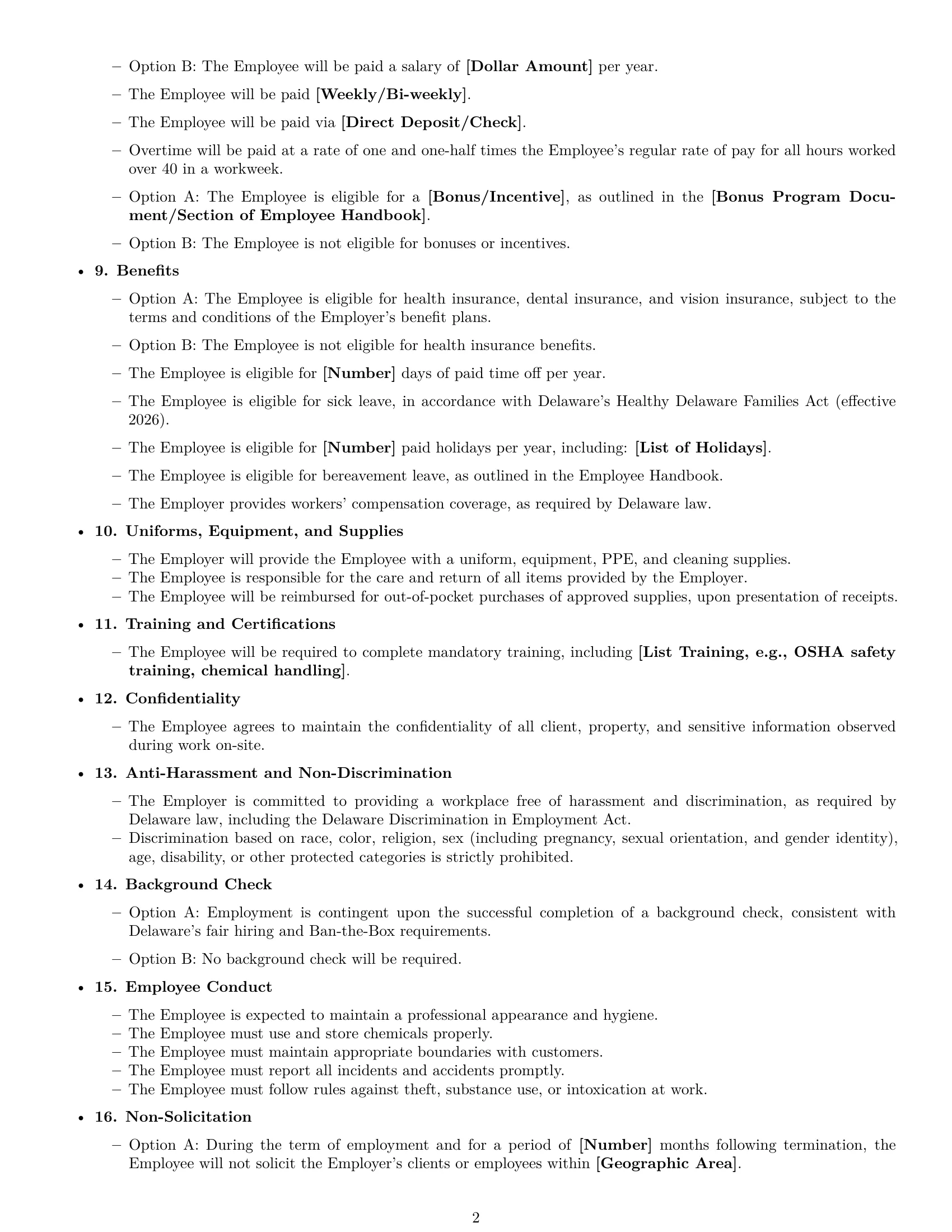 Preview page 2 of Free Delaware cleaner employment contract template