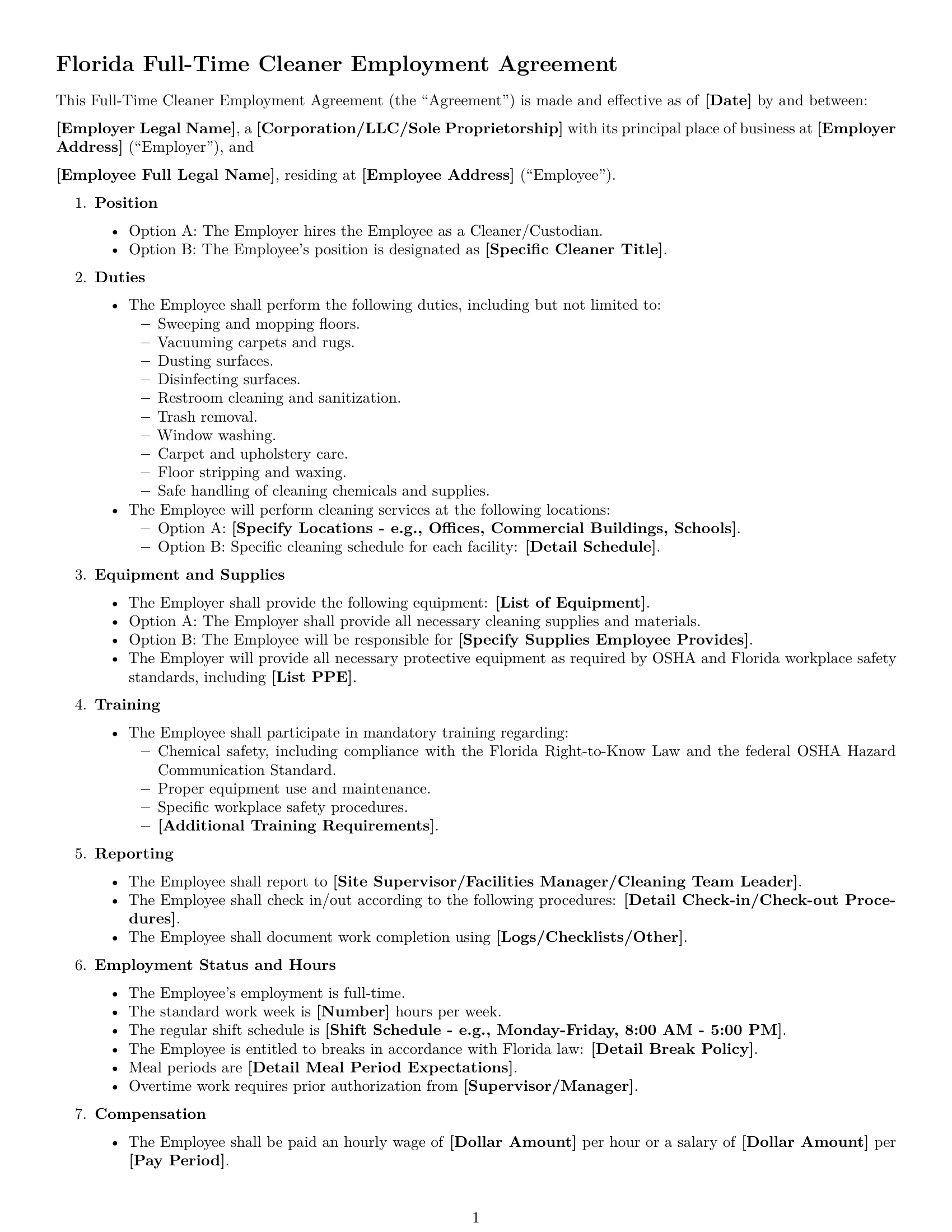 Preview page 1 of Free Florida cleaner employment contract template