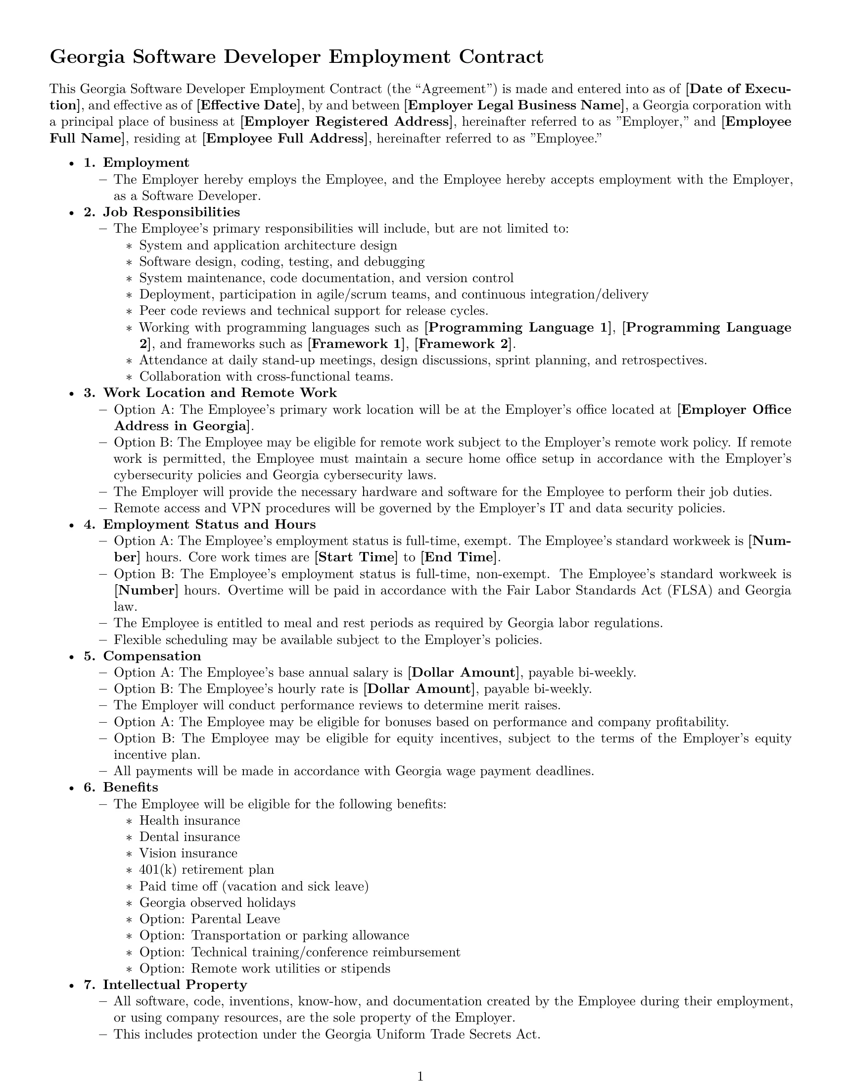Preview page 1 of Free Georgia software developer employment contract template