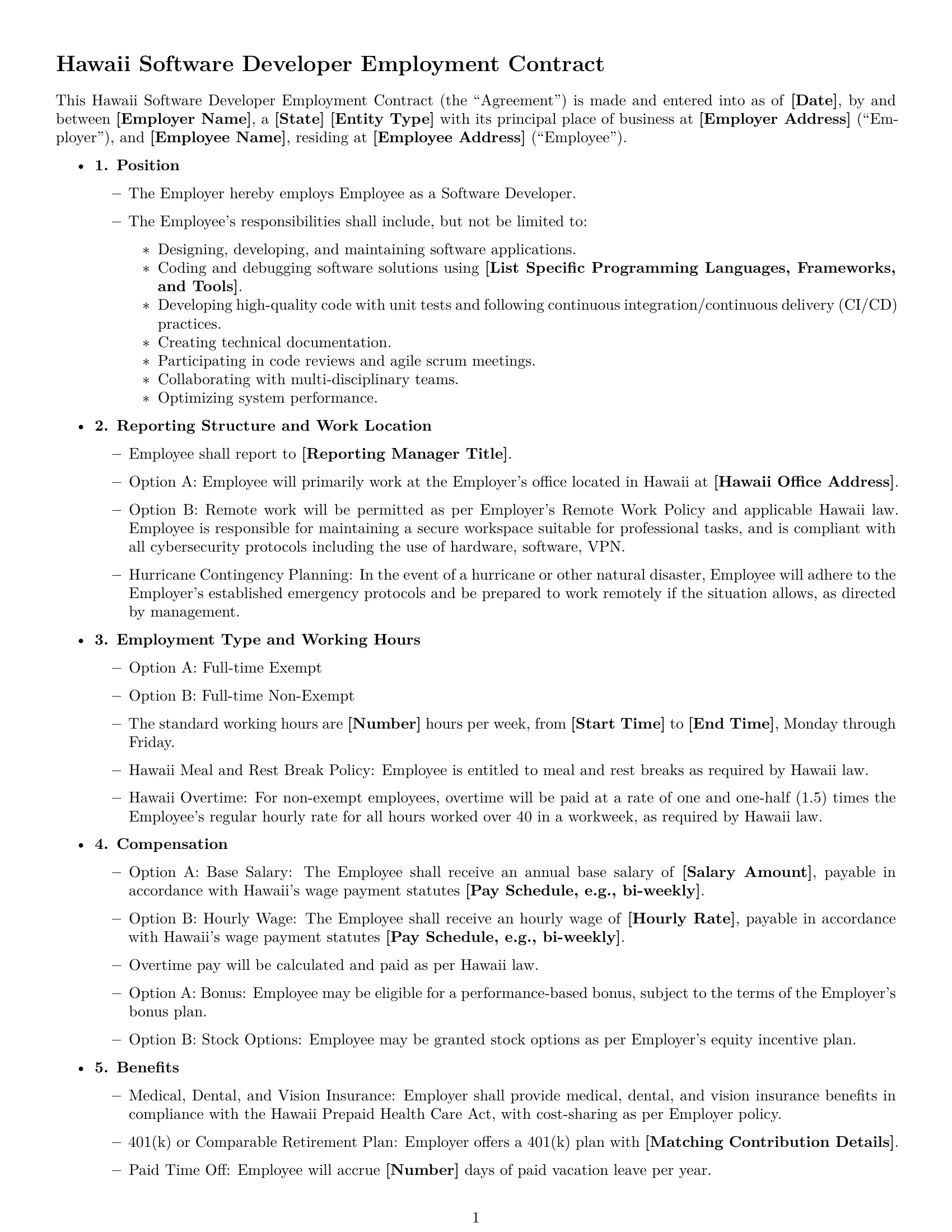 Preview page 1 of Free Hawaii software developer employment contract template