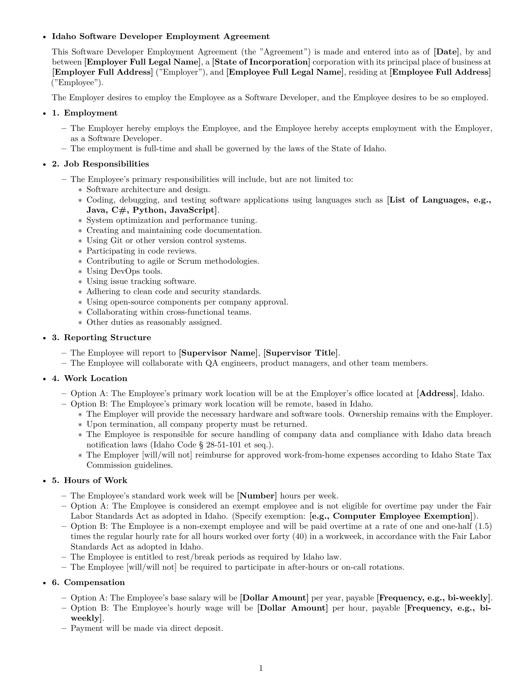 Preview page 1 of Free Idaho software developer employment contract template