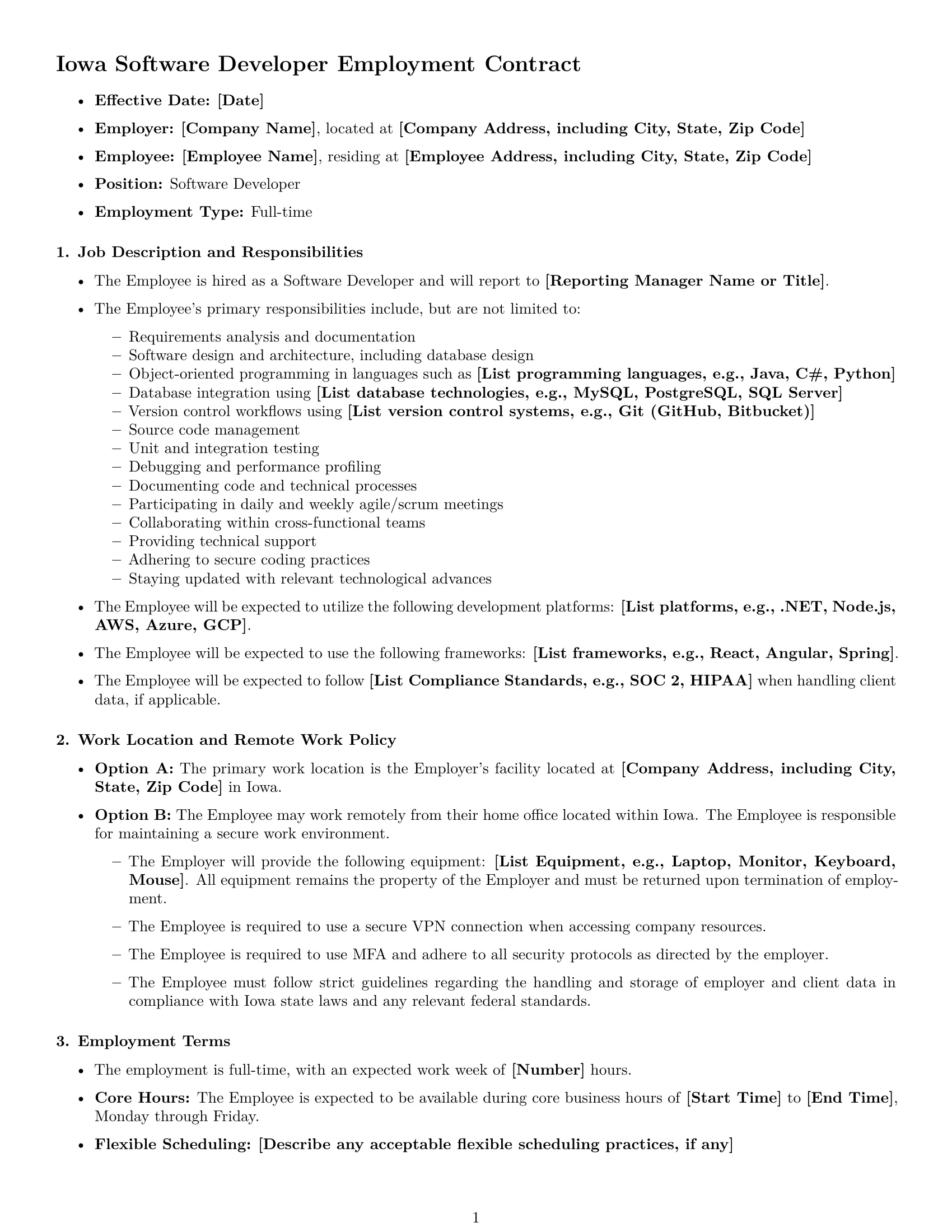 Preview page 1 of Free Iowa software developer employment contract template