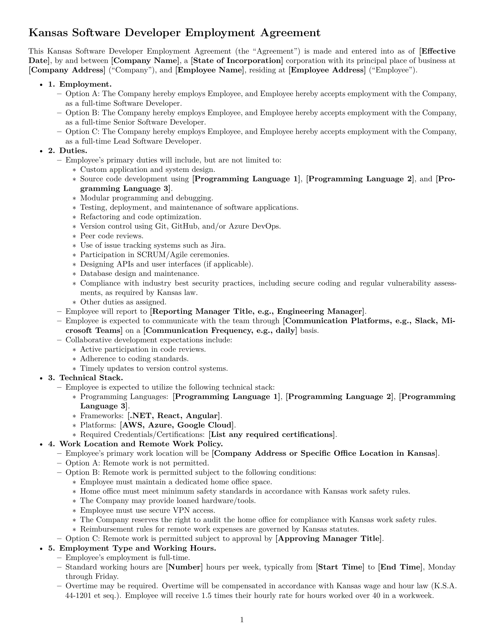 Preview page 1 of Free Kansas software developer employment contract template
