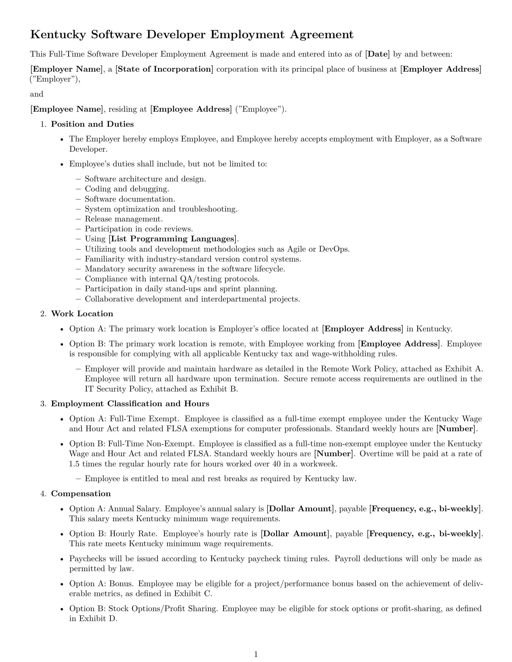 Preview page 1 of Free Kentucky software developer employment contract template