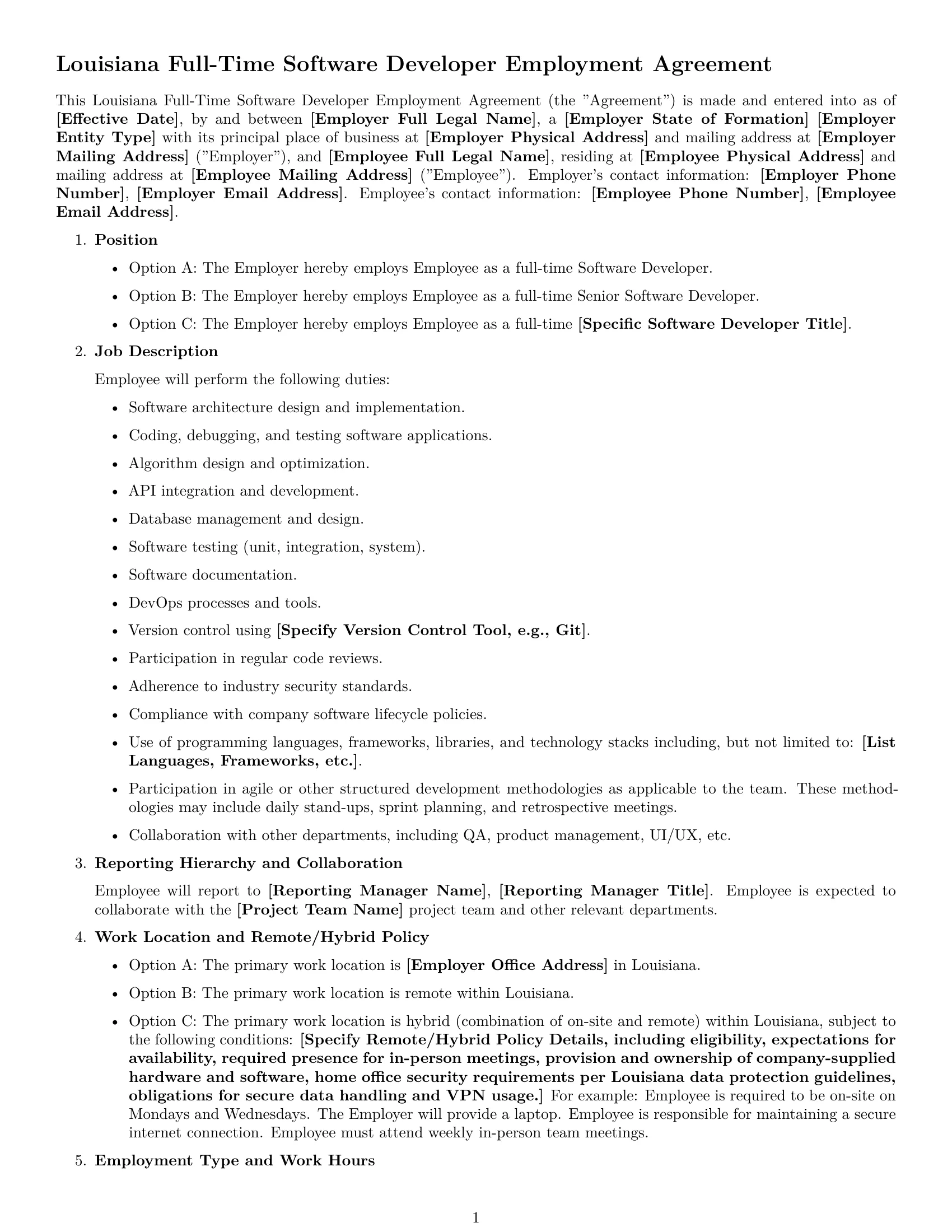 Preview page 1 of Free Louisiana software developer employment contract template