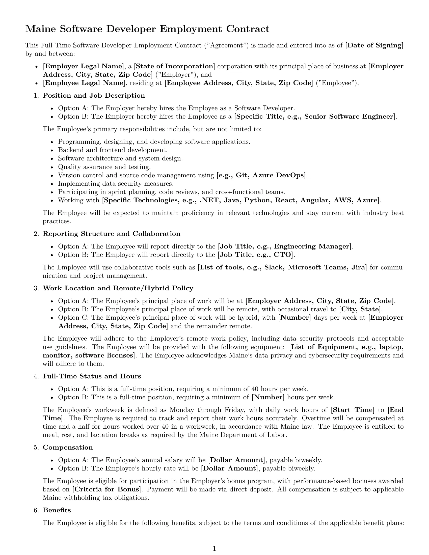 Preview page 1 of Free Maine software developer employment contract template