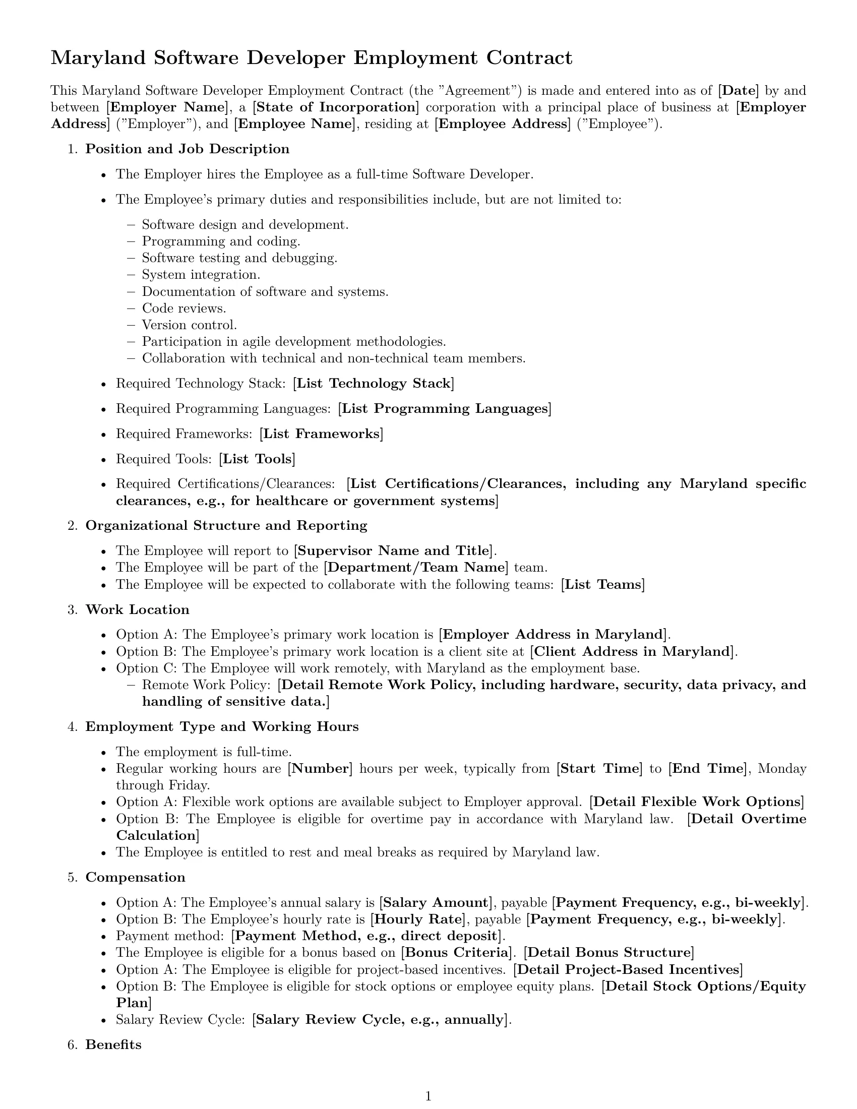 Preview page 1 of Free Maryland software developer employment contract template
