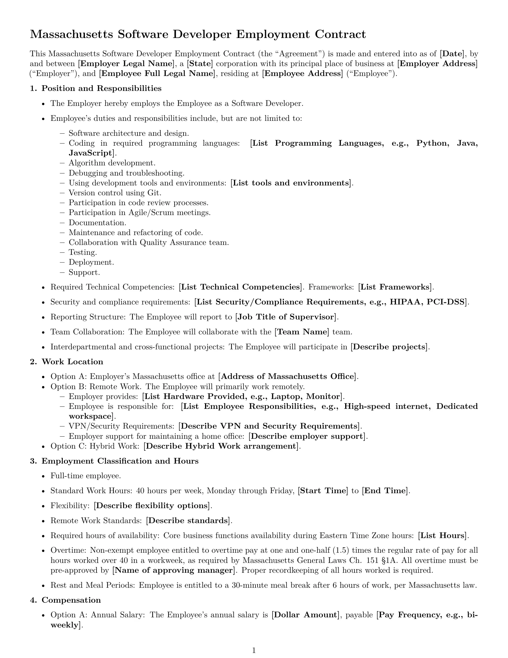 Preview page 1 of Free Massachusetts software developer employment contract template