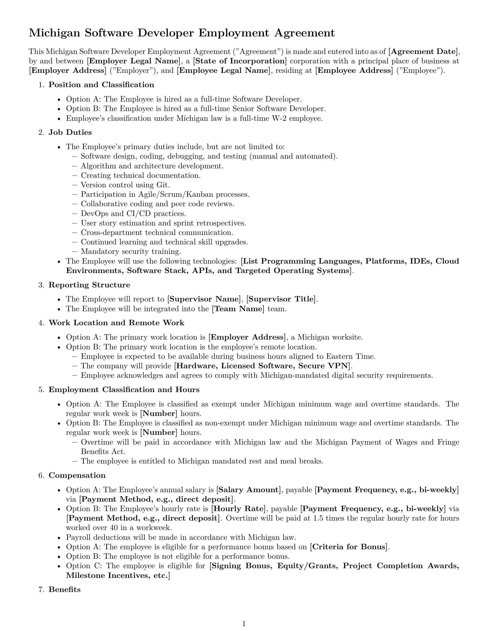 Preview page 1 of Free Michigan software developer employment contract template