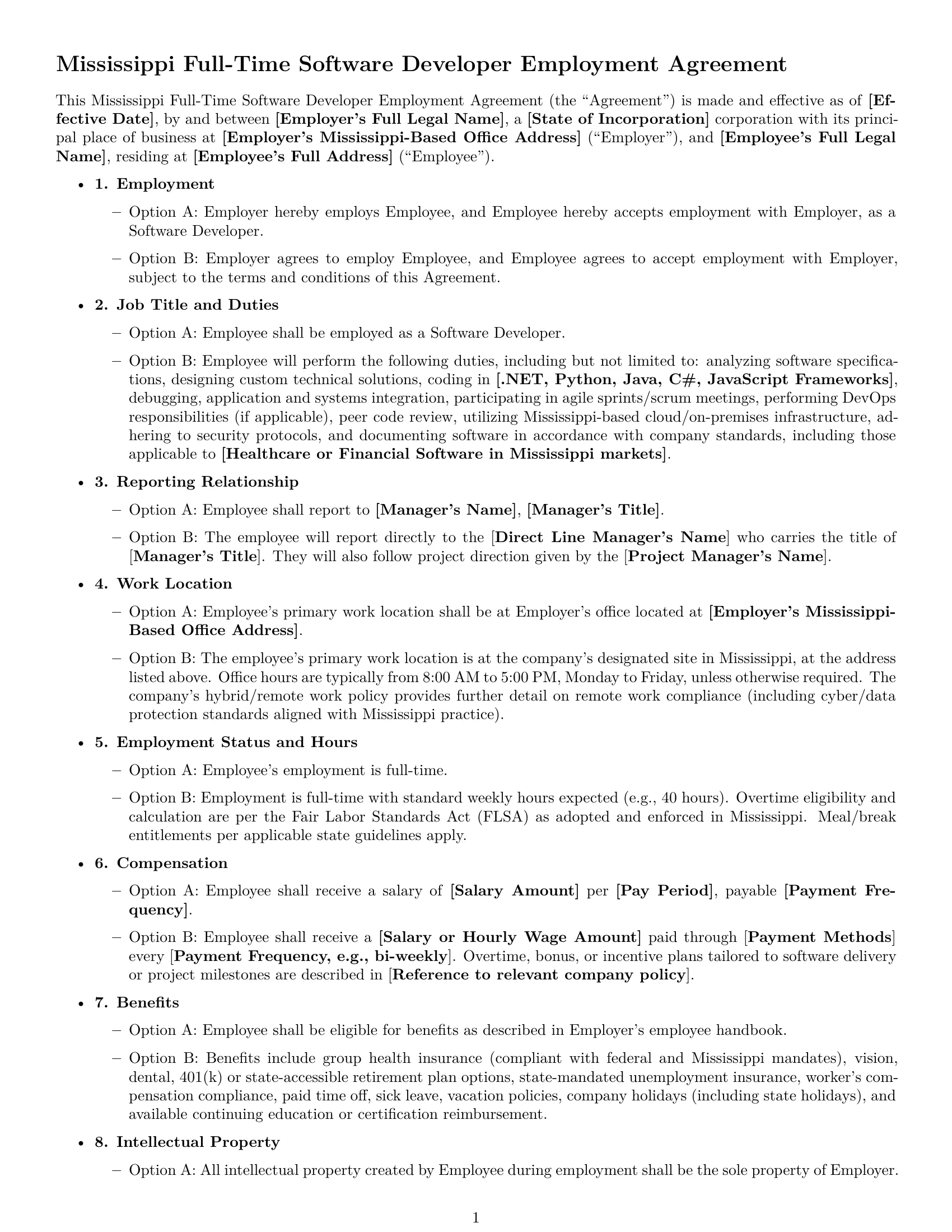 Preview page 1 of Free Mississippi software developer employment contract template