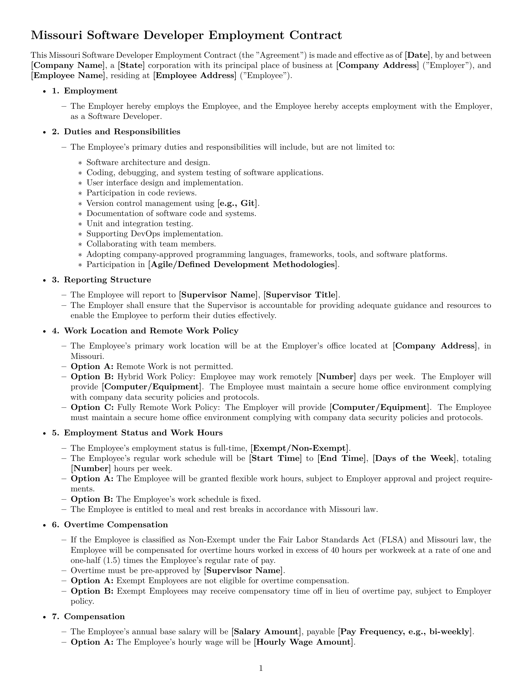 Preview page 1 of Free Missouri software developer employment contract template