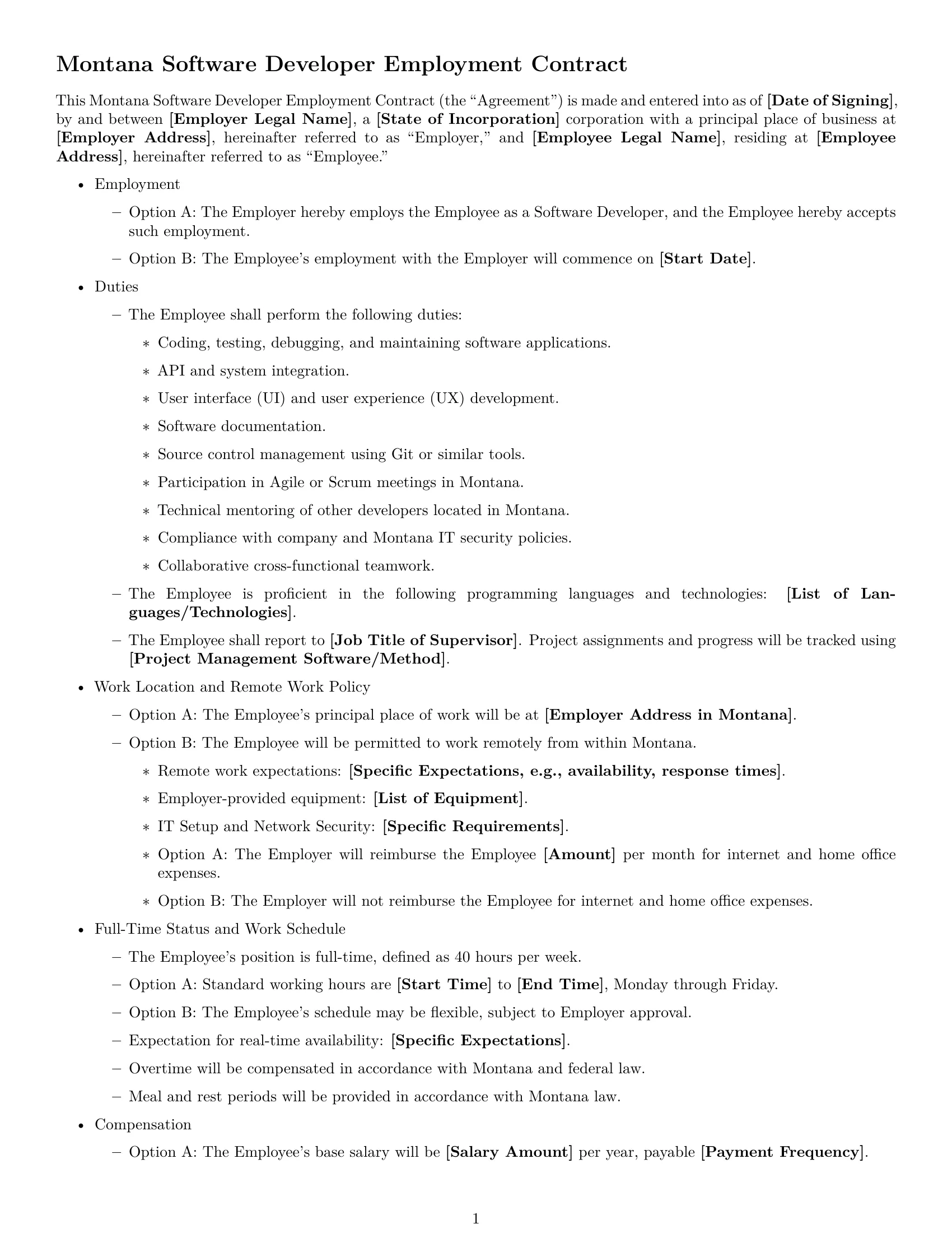 Preview page 1 of Free Montana software developer employment contract template
