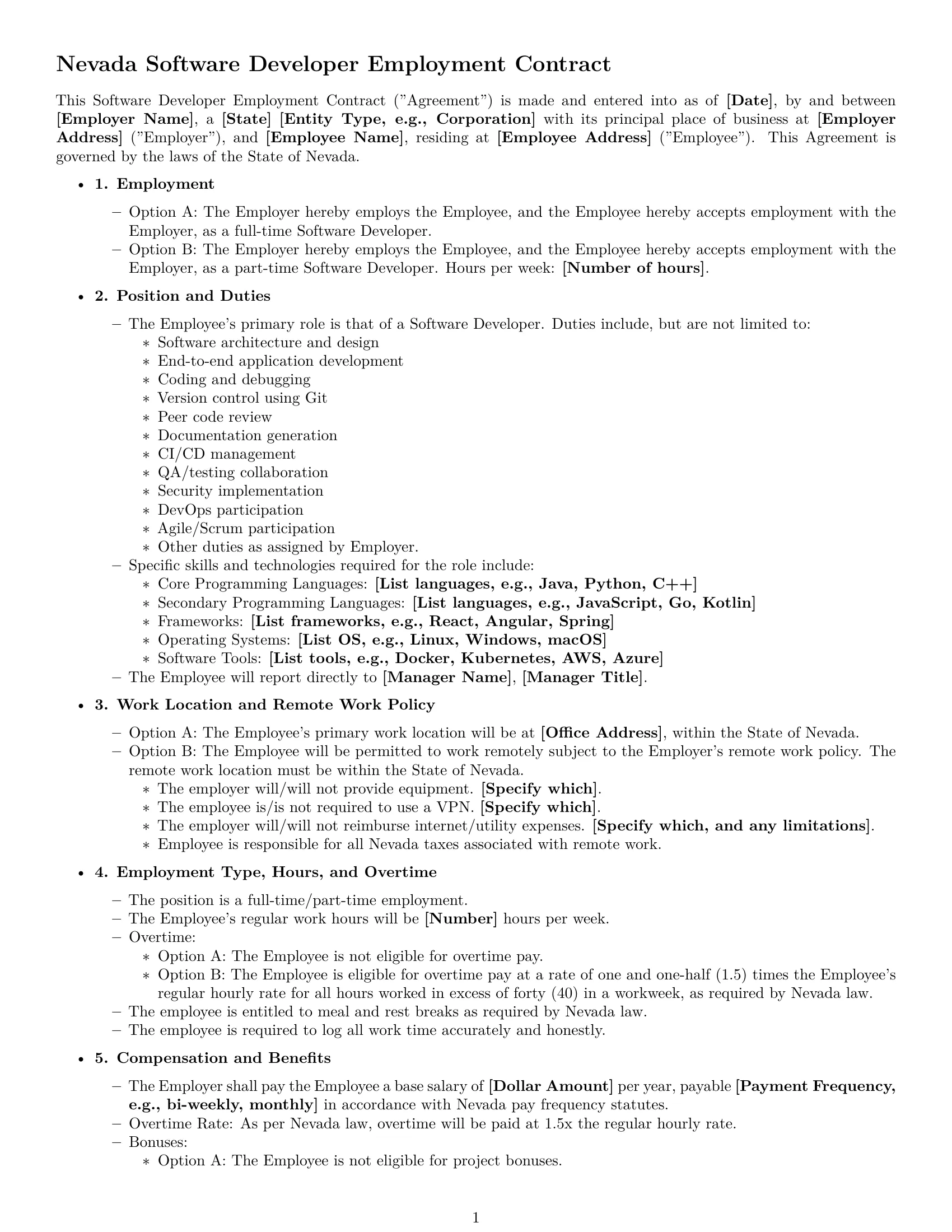 Preview page 1 of Free Nevada software developer employment contract template