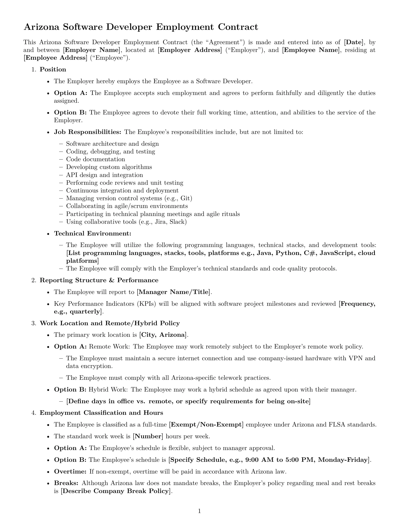 Preview page 1 of Free Arizona software developer employment contract template