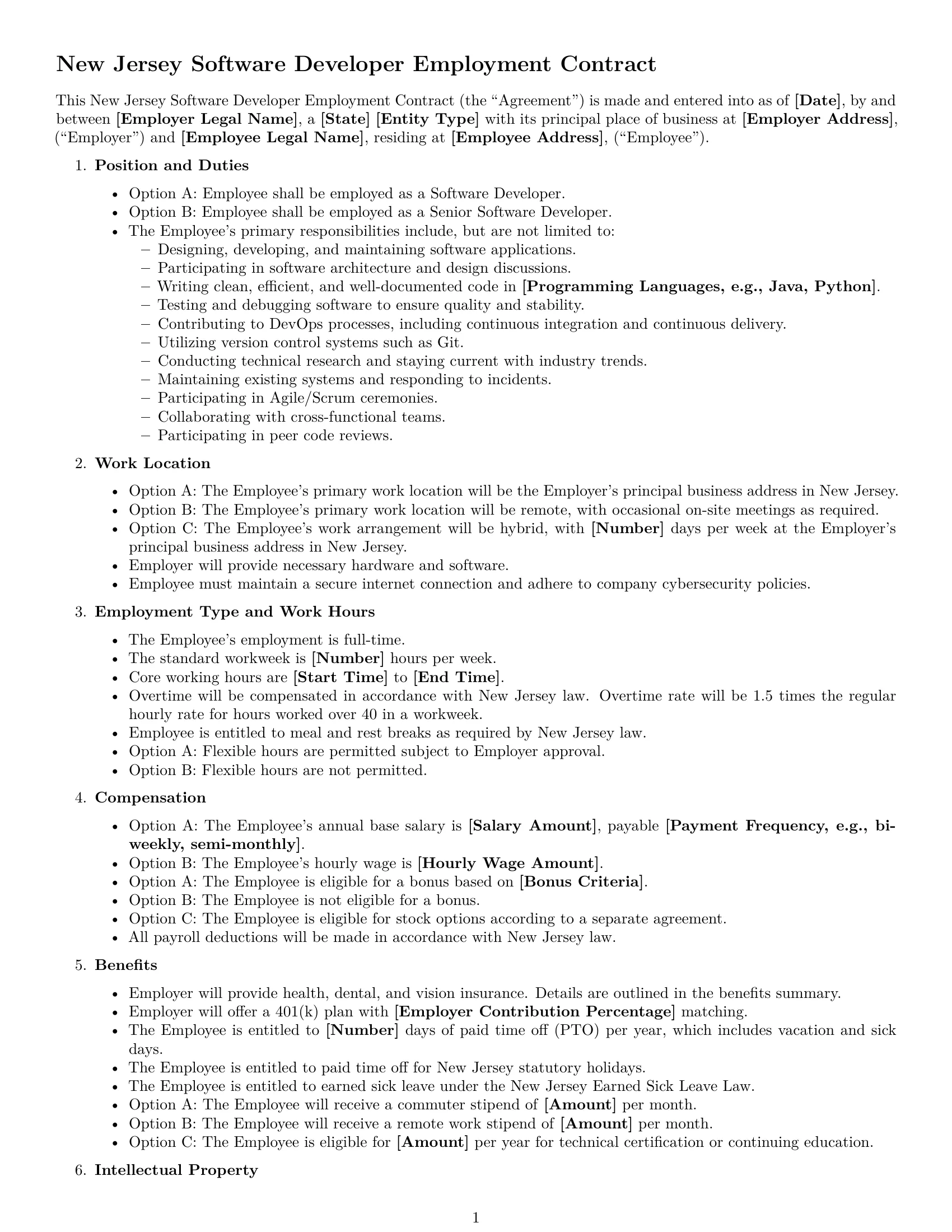 Preview page 1 of Free New Jersey software developer employment contract template