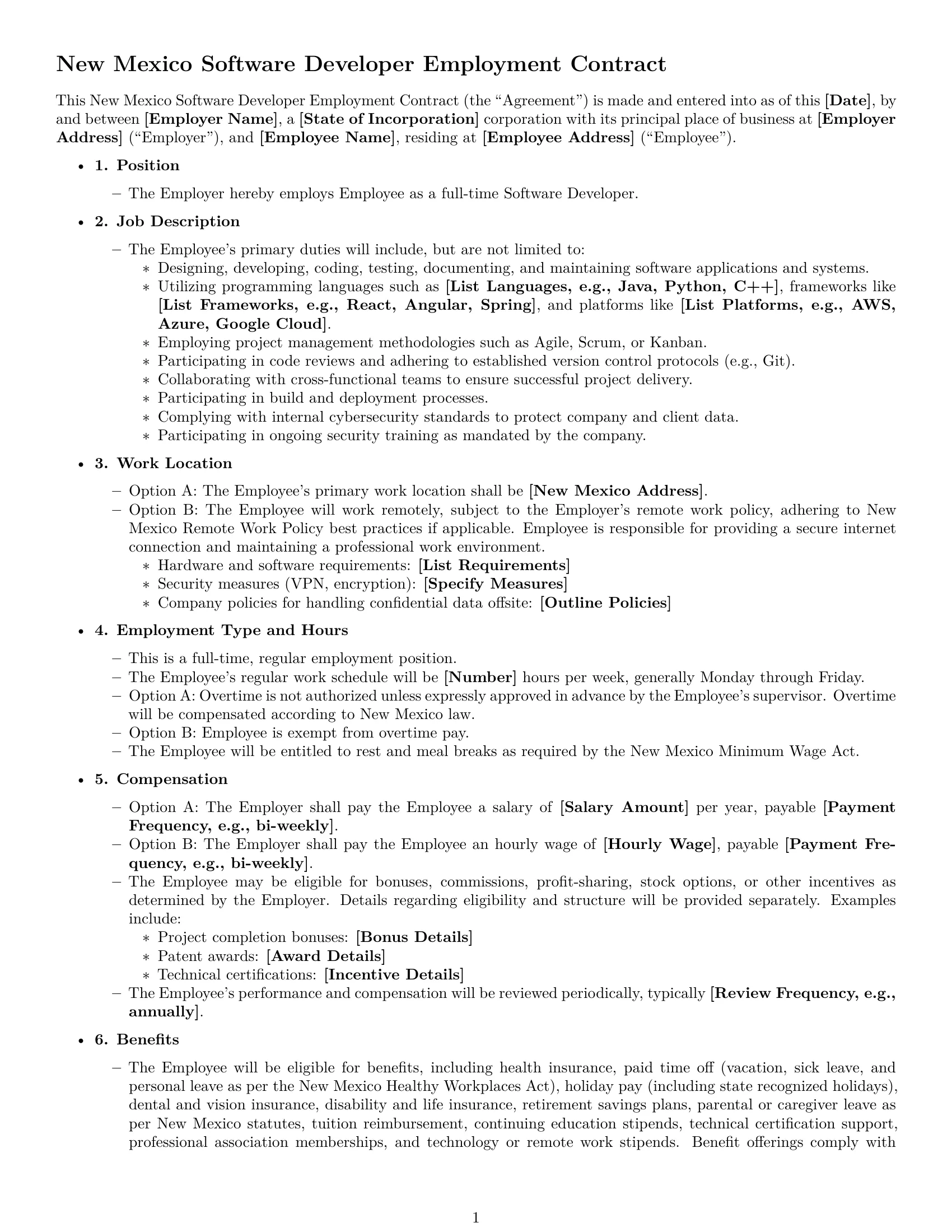Preview page 1 of Free New Mexico software developer employment contract template