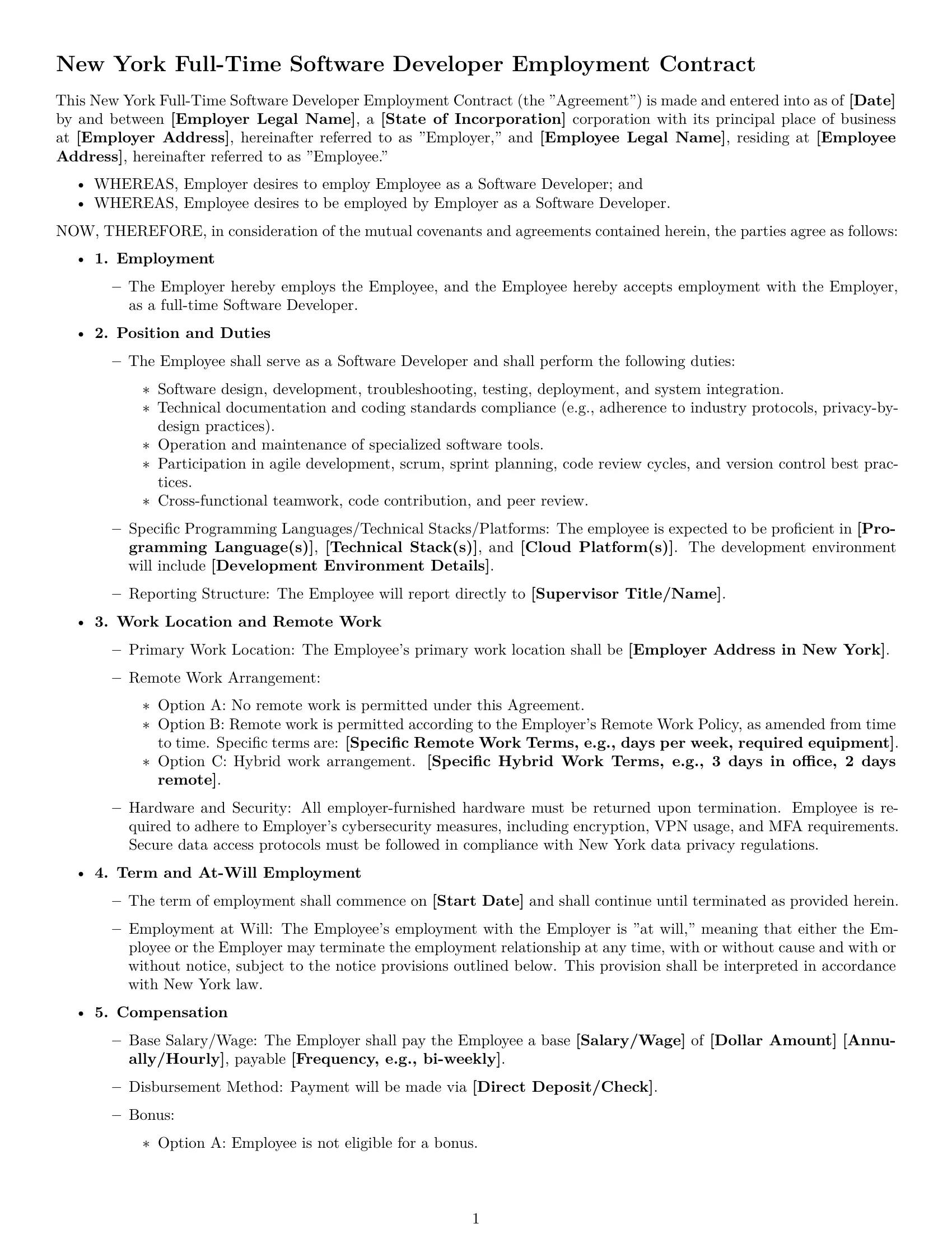 Preview page 1 of Free New York software developer employment contract template