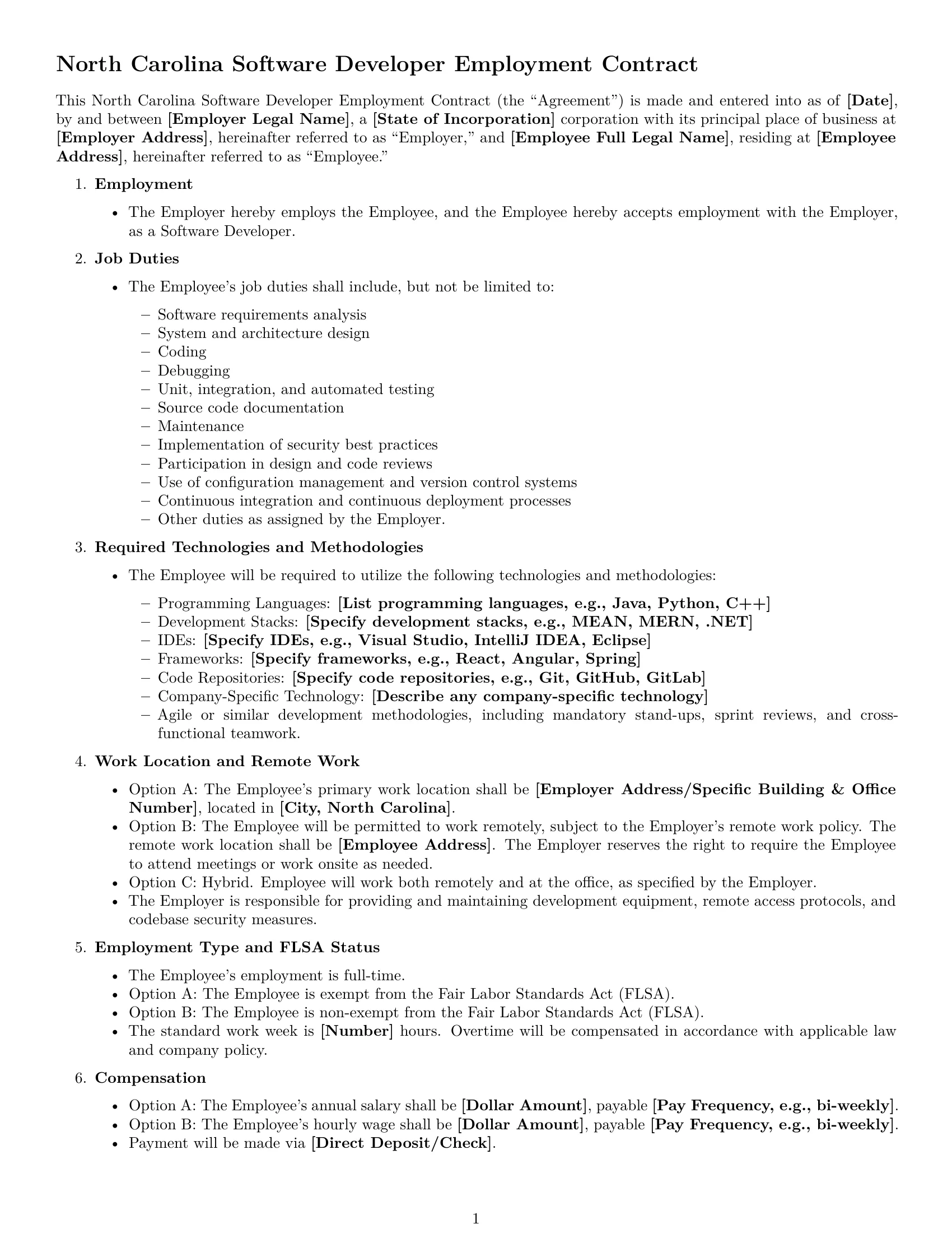 Preview page 1 of Free North Carolina software developer employment contract template