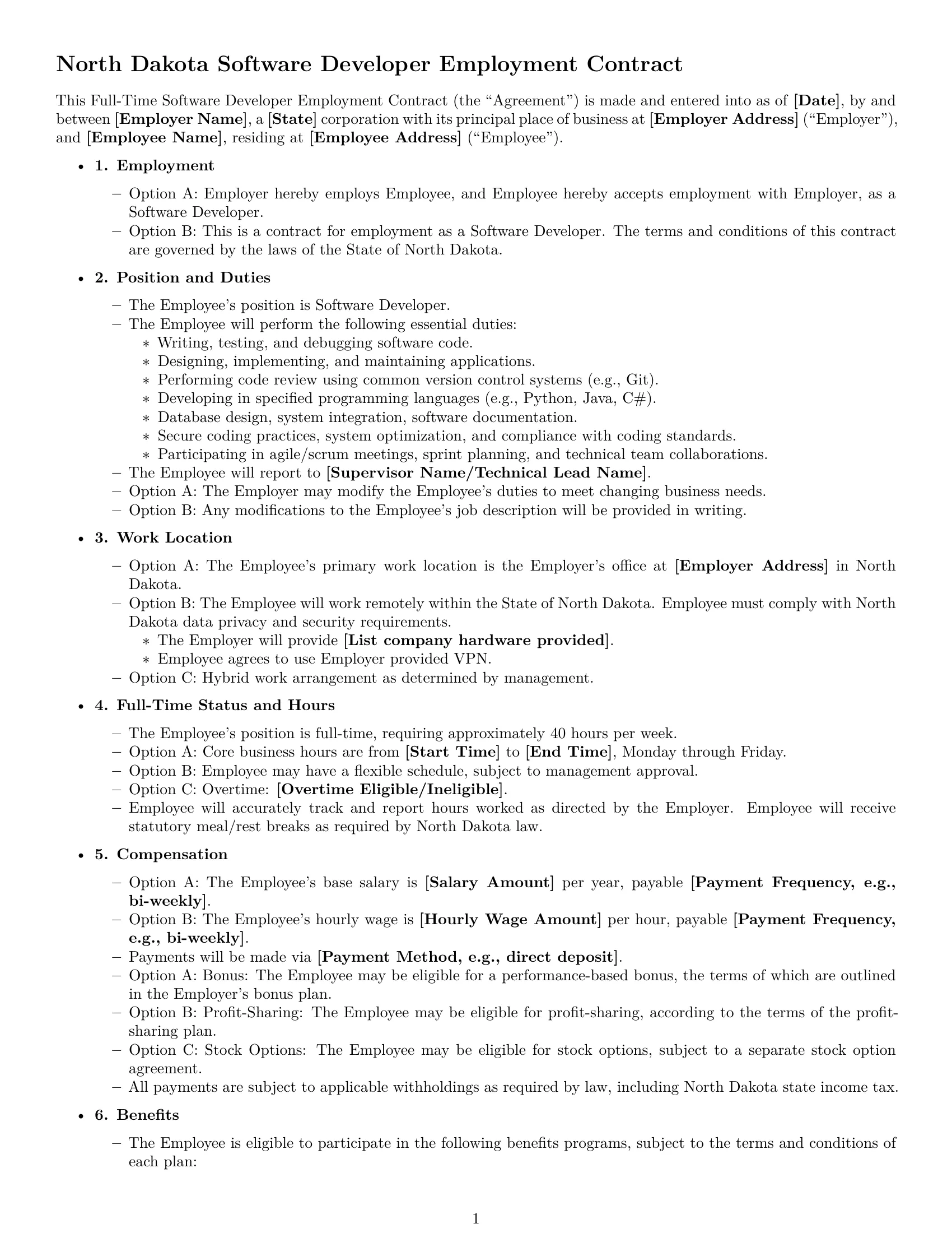 Preview page 1 of Free North Dakota software developer employment contract template