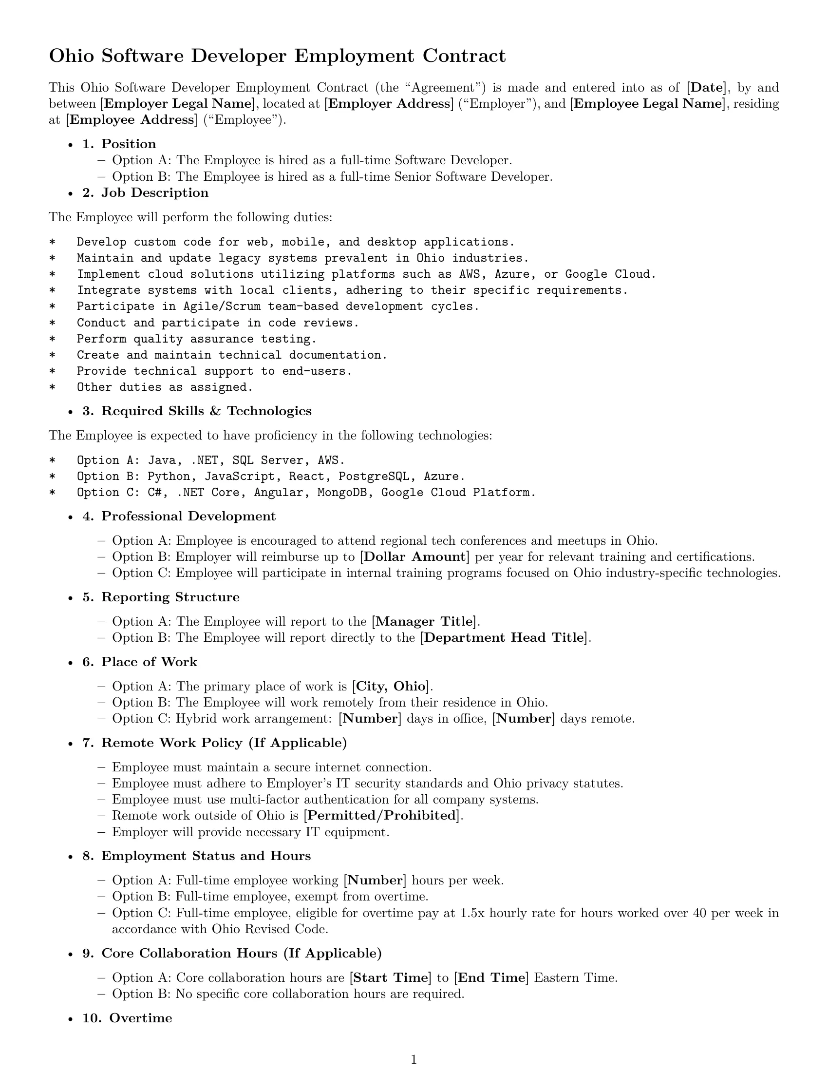Preview page 1 of Free Ohio software developer employment contract template