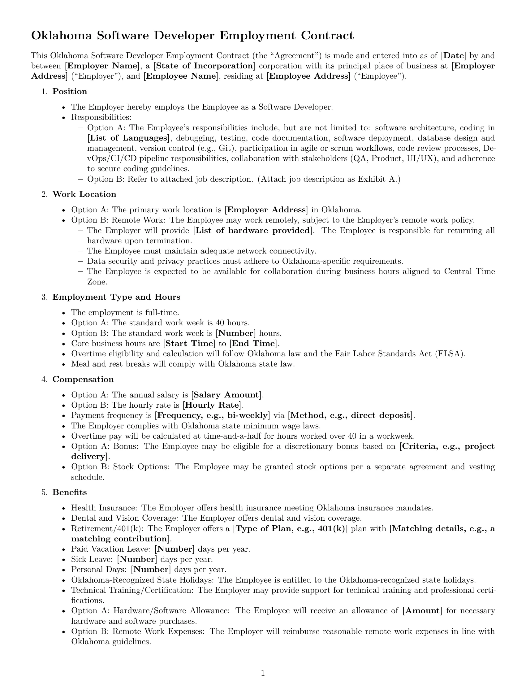 Preview page 1 of Free Oklahoma software developer employment contract template