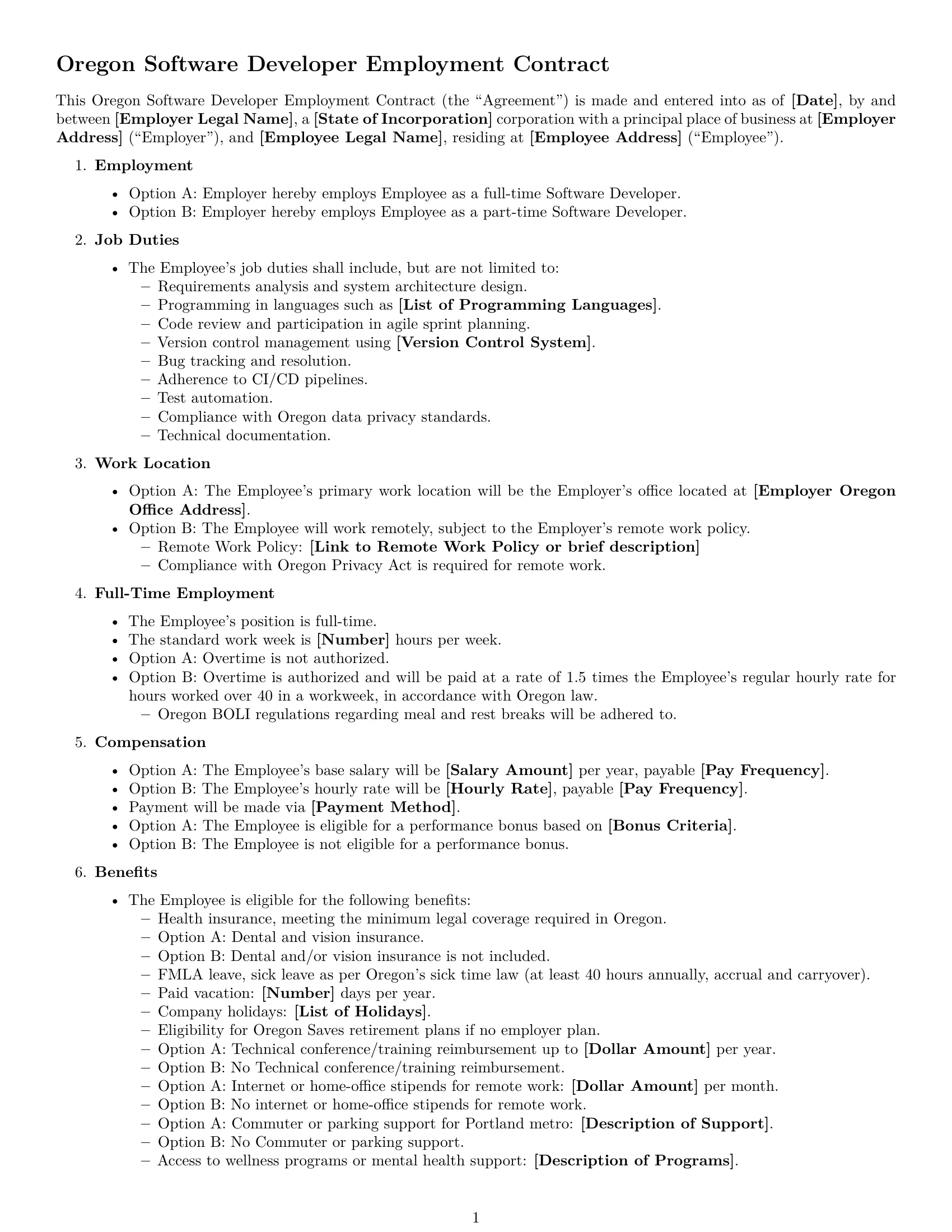 Preview page 1 of Free Oregon software developer employment contract template