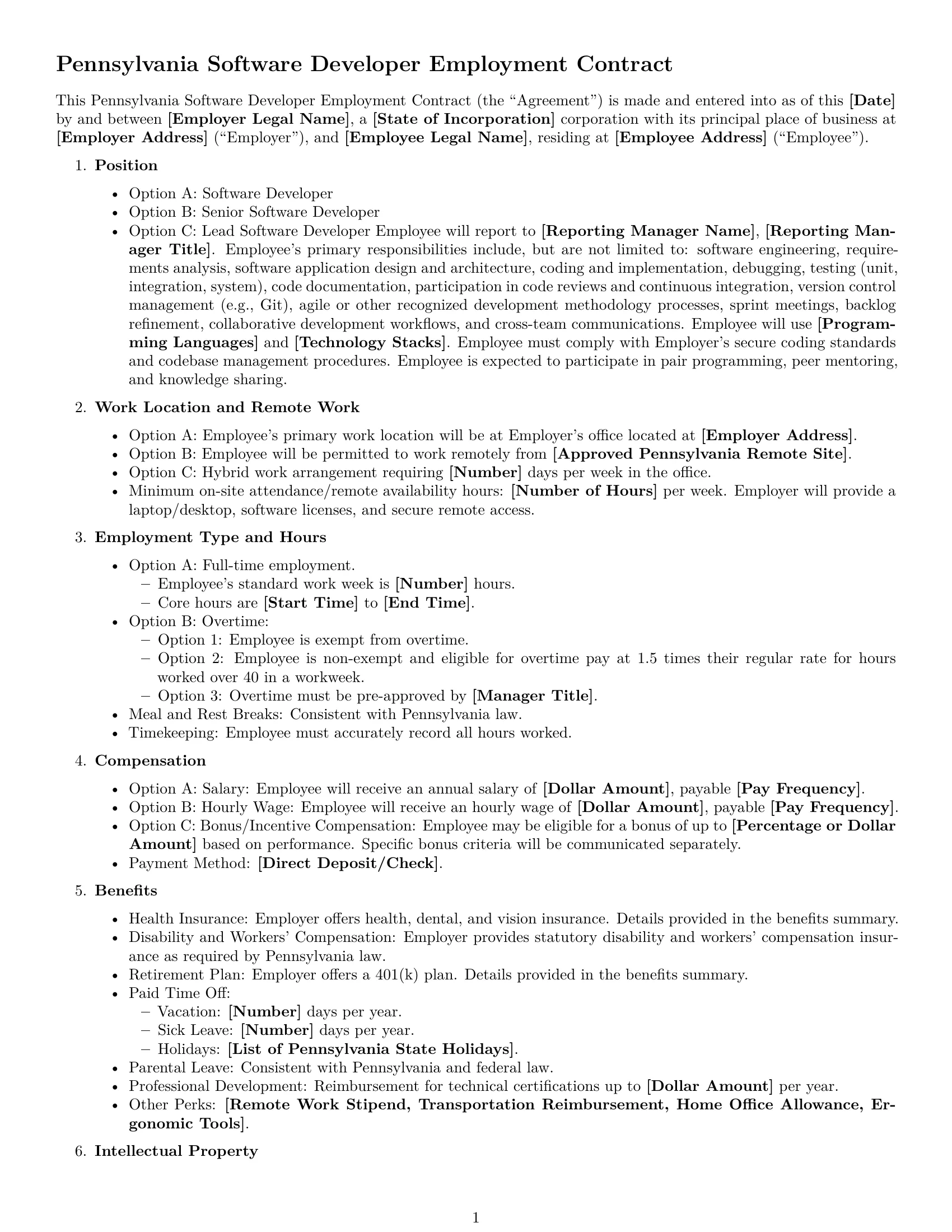 Preview page 1 of Free Pennsylvania software developer employment contract template